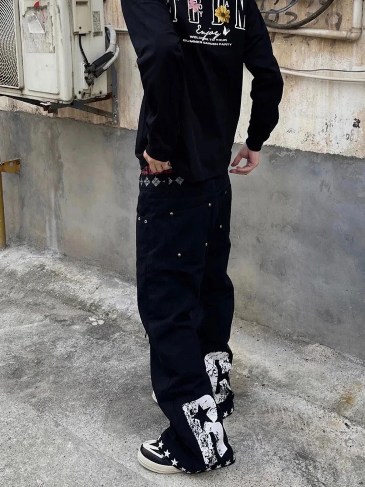 Other Black Baggy Wide Leg Jeans with Plaid Double Waistband Size US 28 / EU 44 - 4 Thumbnail