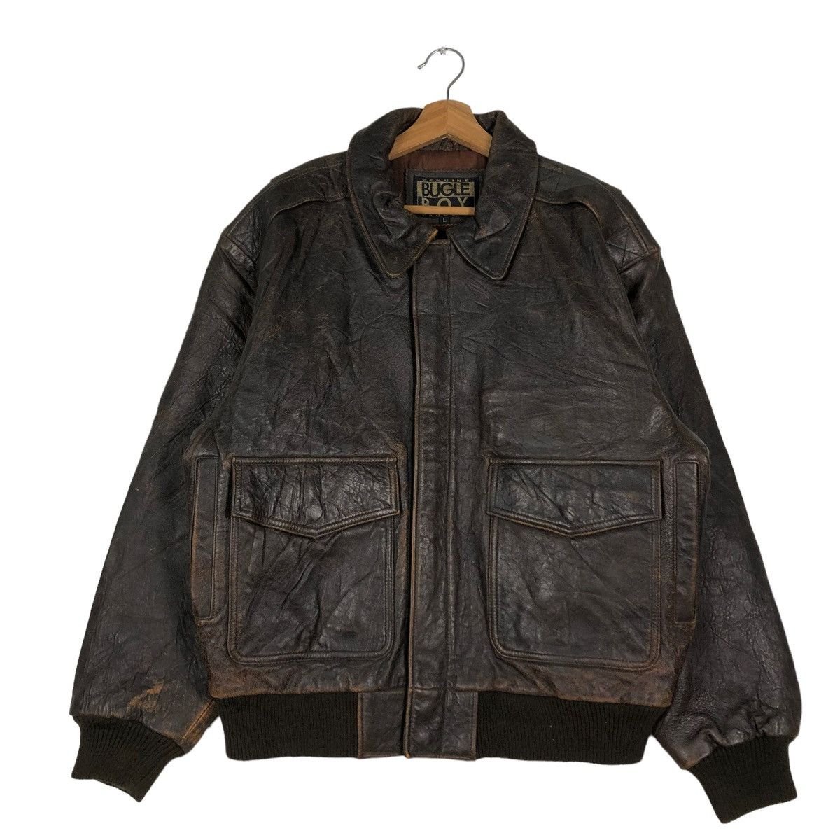 Vintage 🔥VINTAGE FLY GENUINE LEATHER JACKET BUGLE BIG LOGO Size US L / EU 52-54 / 3 - 3 Thumbnail