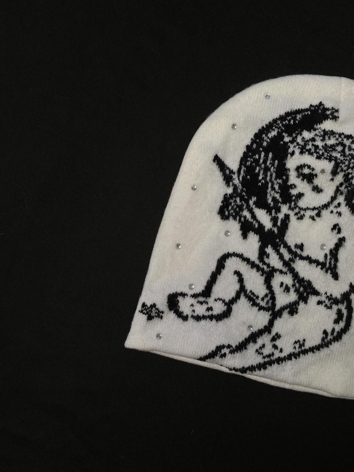 Japanese Brand Rare Black Angel Graphic No Cuff Knit Beanie Hats OS Size ONE SIZE - 3 Thumbnail