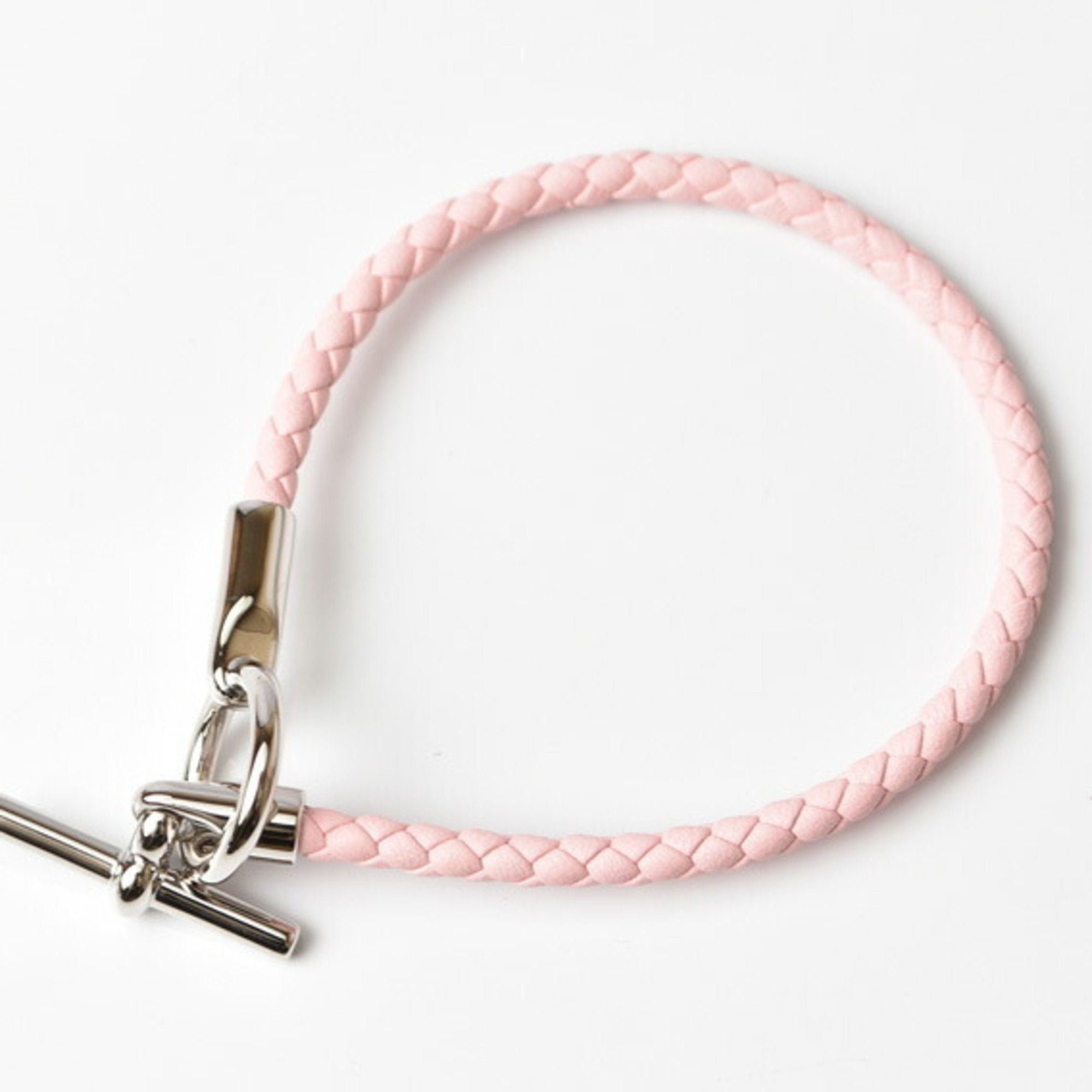 image of Hermes Bangle Bracelet Grennan Leather Metal Rose Sakura Silver in Red, Women's