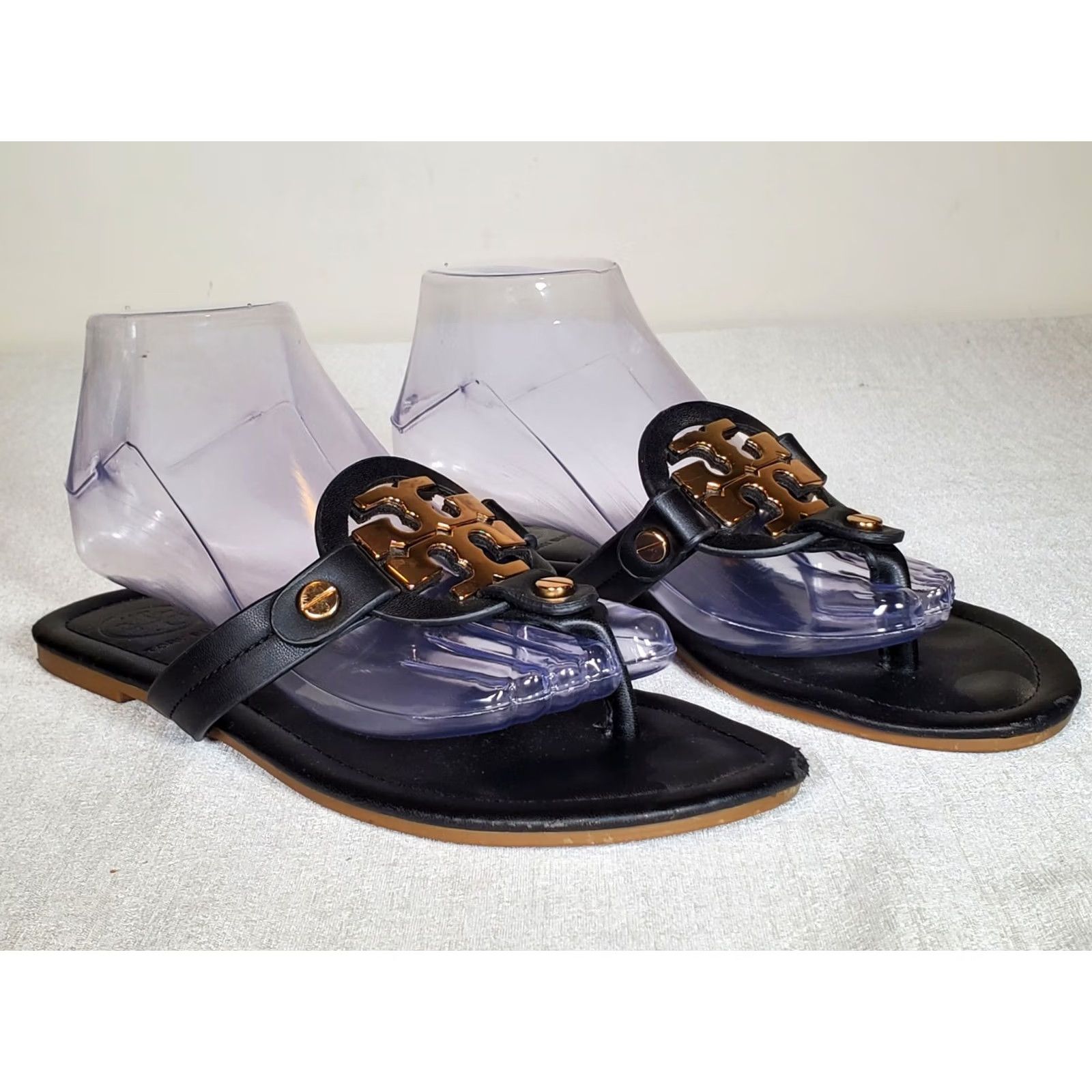 Tory Burch Tory Burch Miller 2 Black Leather Sandal Women US 8 Thong Gold Tone Double T Logo Accents Size US 8 / IT 38 - 2 Thumbnail