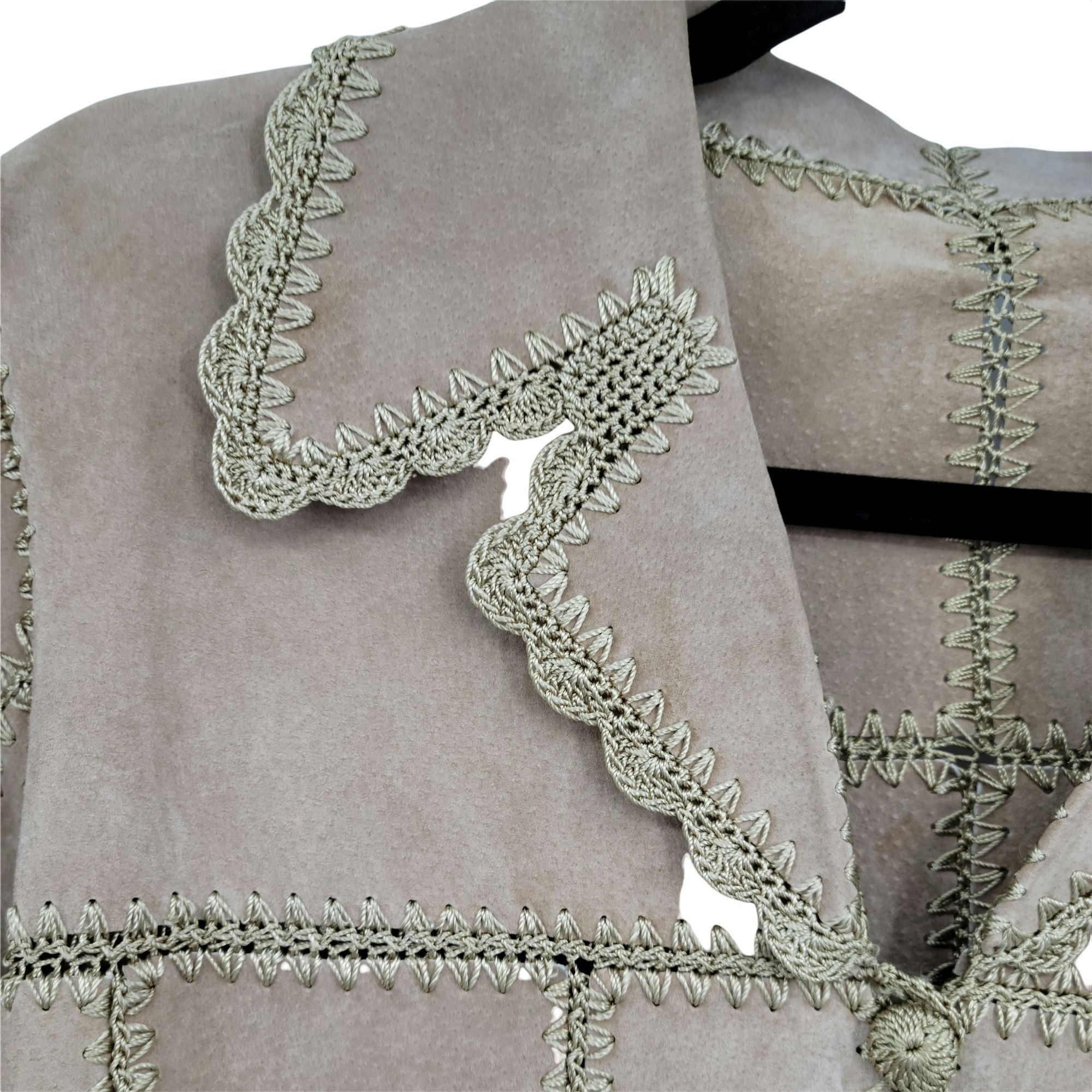 Vintage Vtg Boho Leather Shacket Jacket Sz M Tan Crochet Patchwork S Size M / US 6-8 / IT 42-44 - 4 Thumbnail