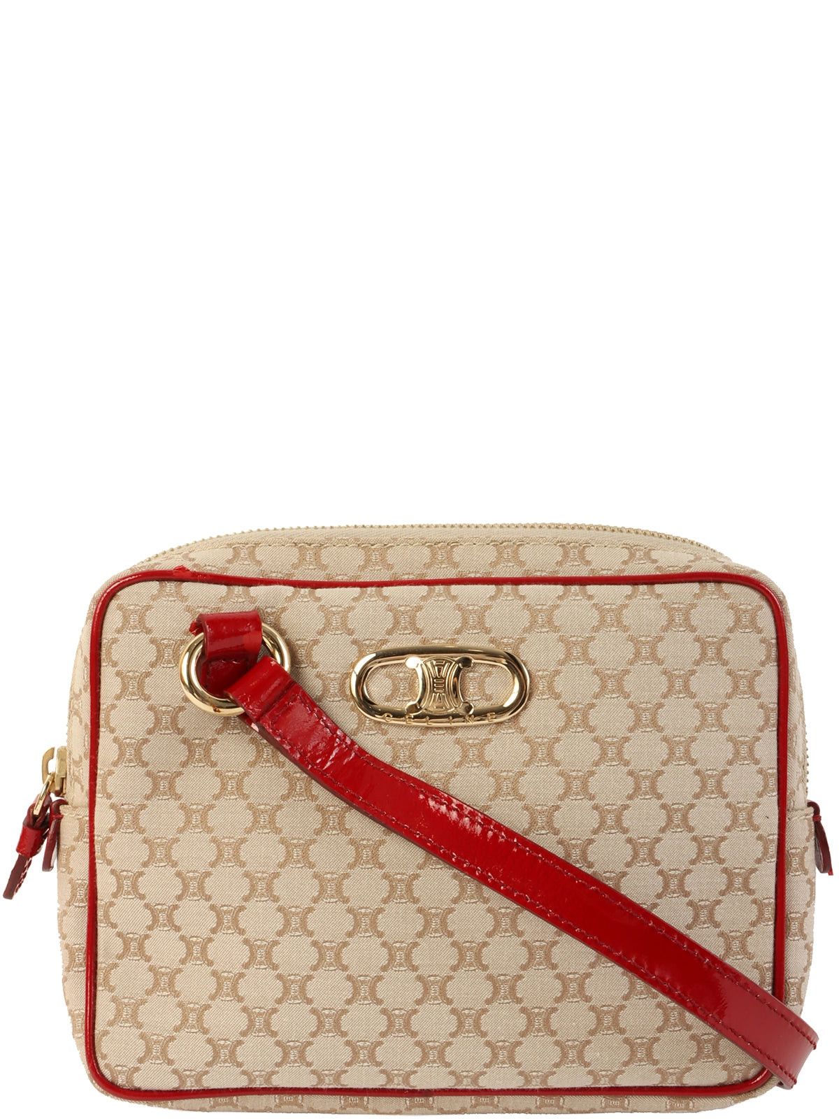 image of Celine Bicolor Macadam Pattern Logo Plate Shoulder Bag Beige/red in White, Women's