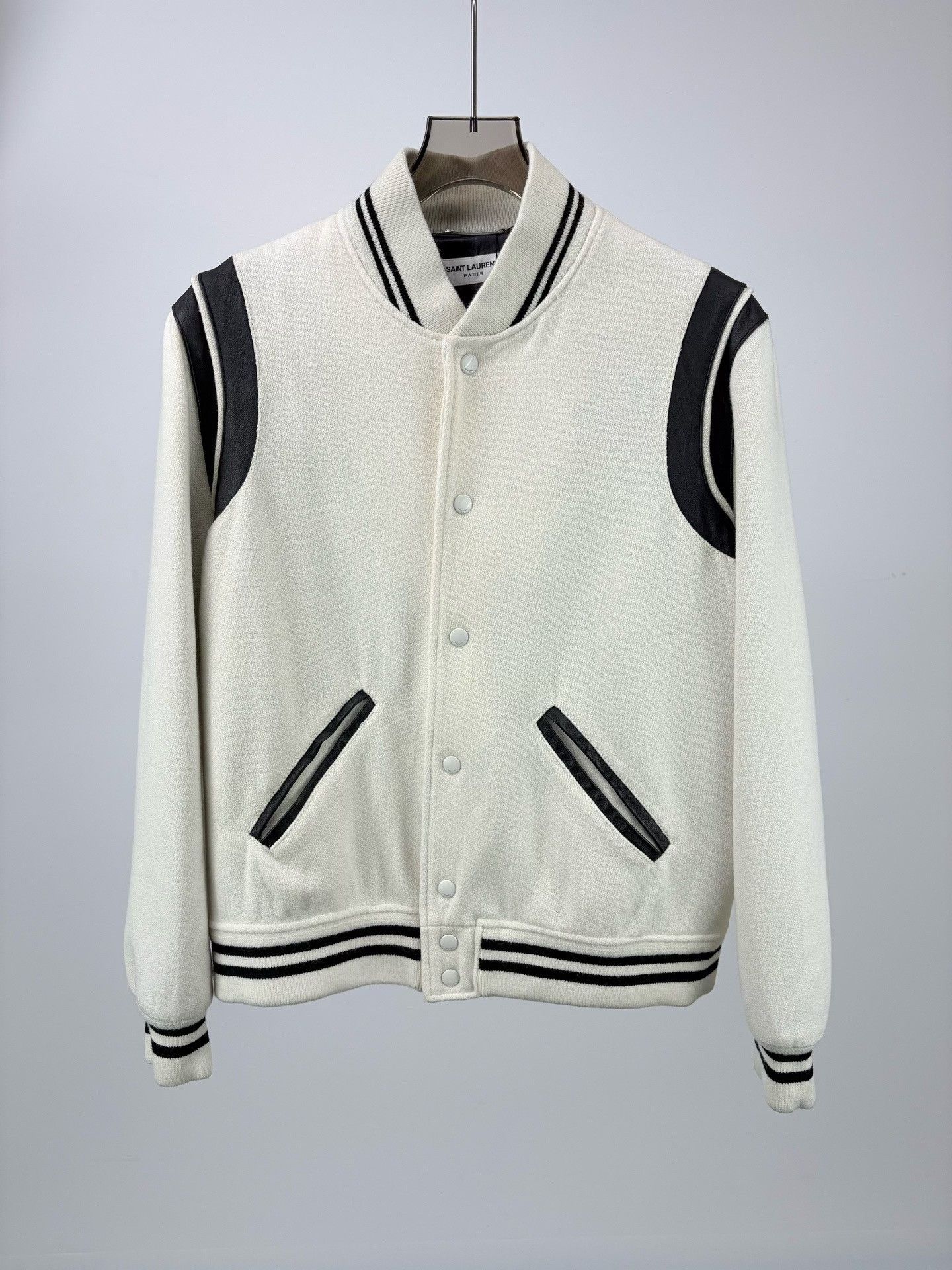Saint Laurent Paris Saint Laurent White Leather Sleeves Baseball Jacket Size US M / EU 48-50 / 2 - 1 Thumbnail