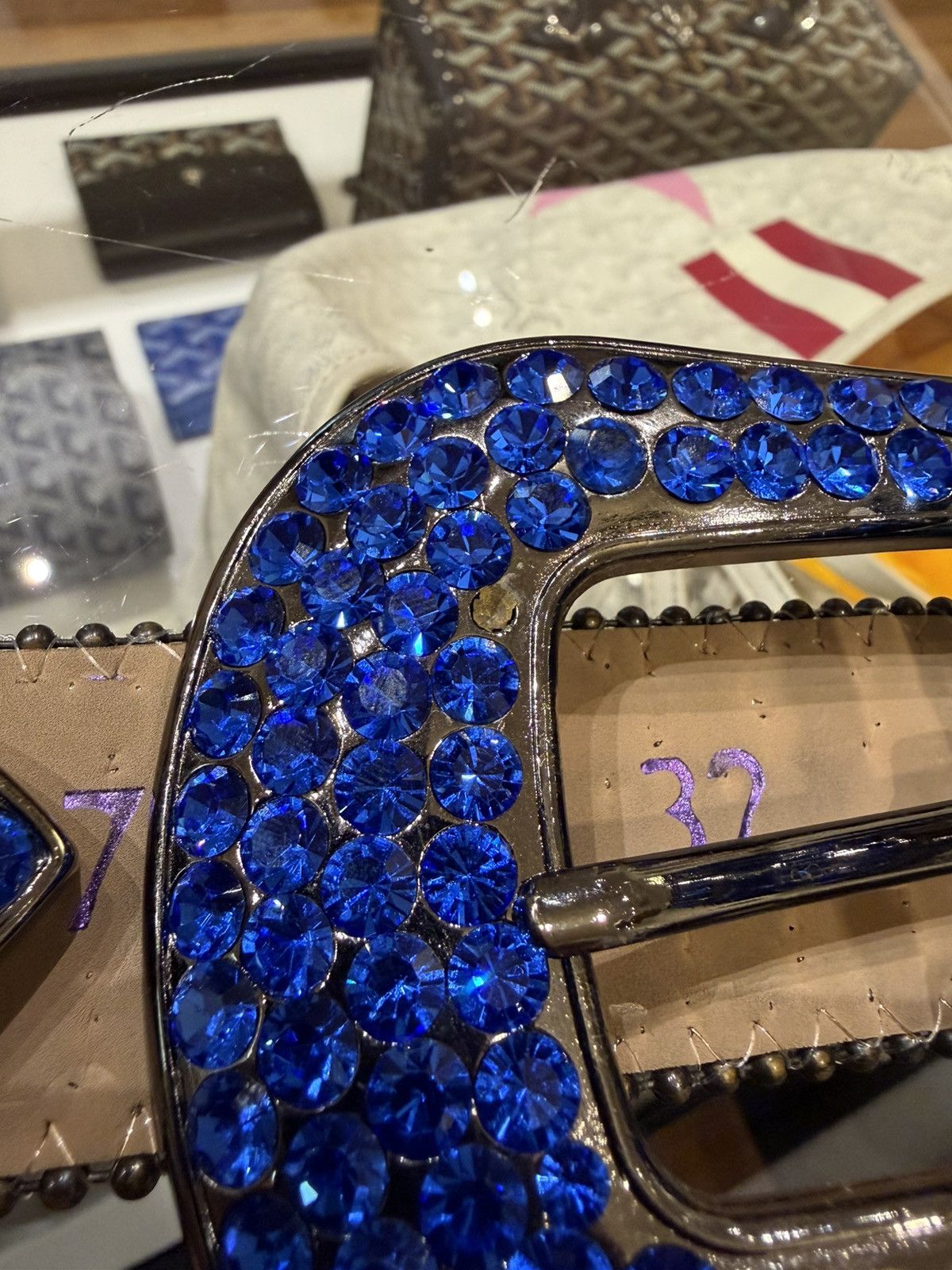 B.B. Simon B.B. Simon Khayyam 7 Blue Swarovski Crystal Leather Belt Size 32 - 6 Thumbnail