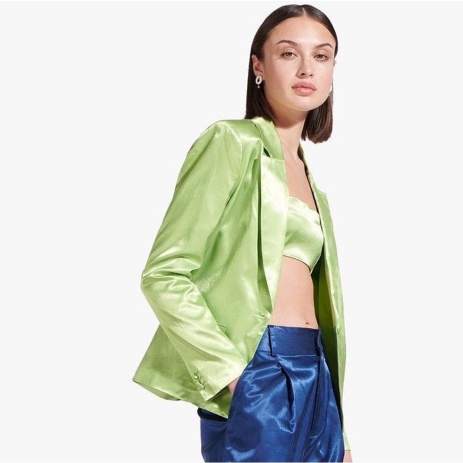 Staud Staud Madden Blazer - Size XS - Moss Green Stretch Satin Size XS / US 0-2 / IT 36-38 - 2 Thumbnail