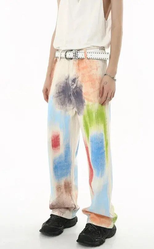 image of Vintage Retro Y2K Painted Multicolor Graffiti Jeans Pants in White, Men's (Size 34)