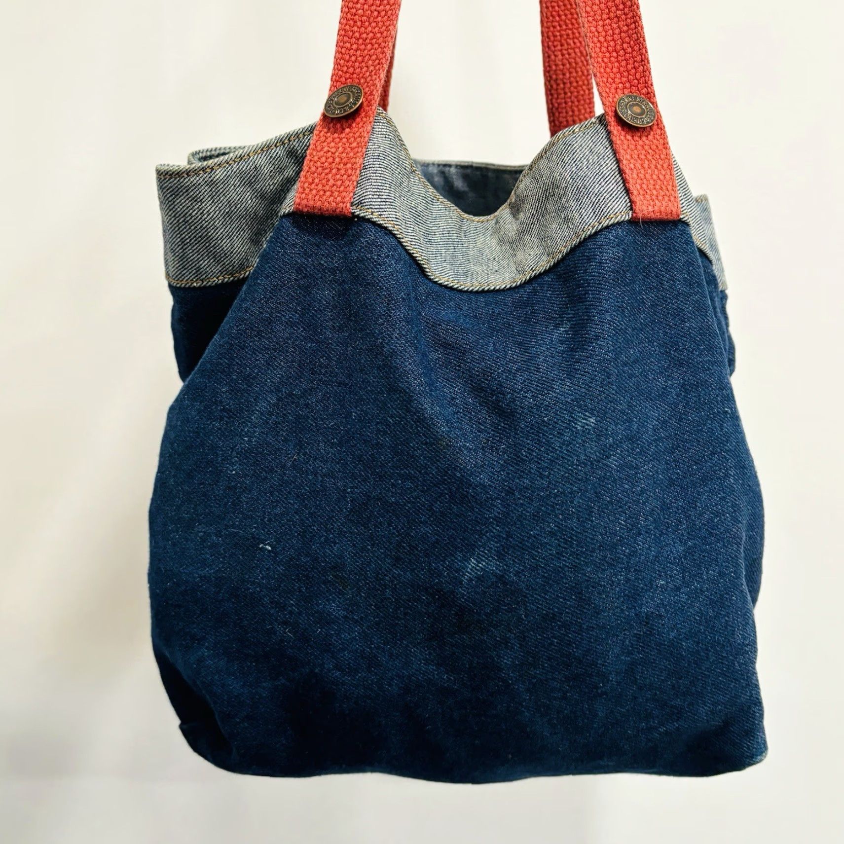 VINTAGE Levi’s Denim Tote Bag With Red Handles Leather Patch Made in USA Totes & Shoppers Blue Denim Levi’s Tote Bag Womens/Mens