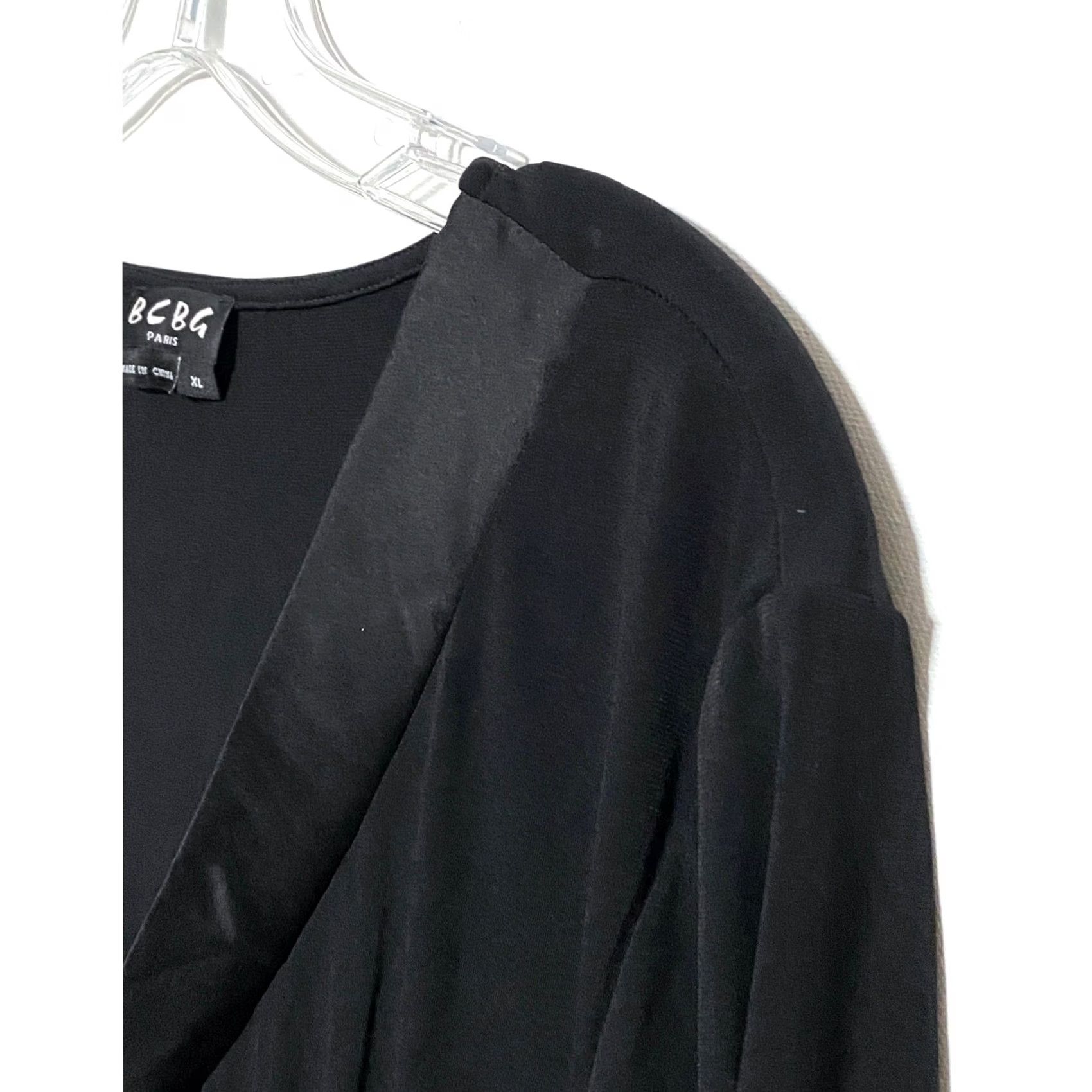 Vintage BCBG Paris Satin Trim V Neck Black Matte Jersey Midi Dress XL Women LBD Party Cocktail Formal Size XL / US 12-14 / IT 48-50 - 4 Thumbnail