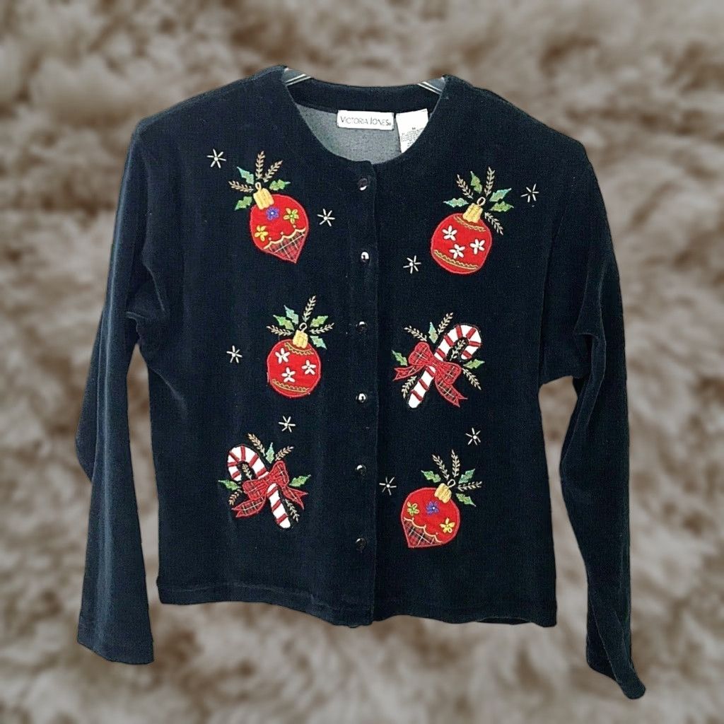 VINTAGE Victoria Jones Christmas Cardigan Sweater Black Velour Applique Holiday Medium