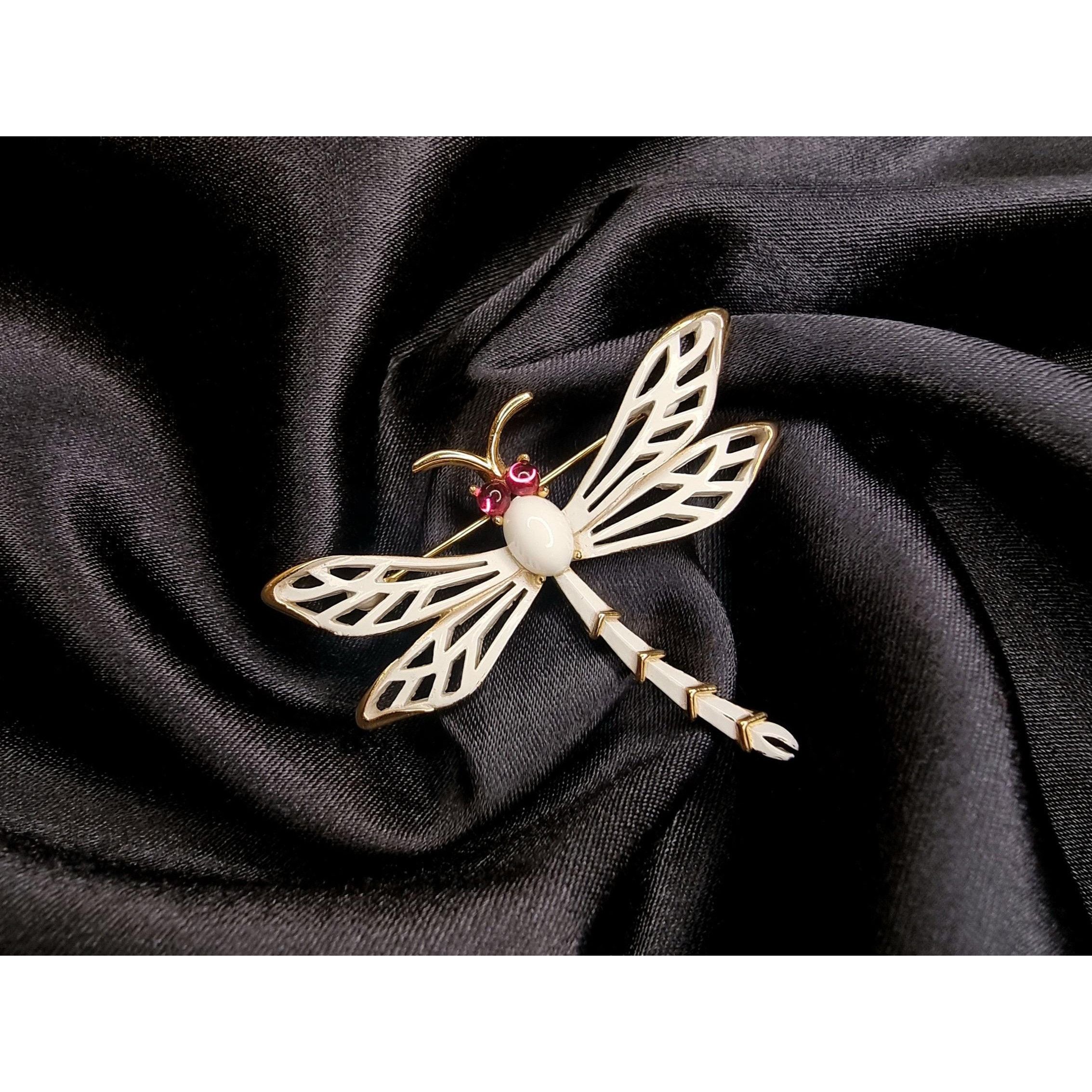 Vintage Rare Find TRIFARI Signed 1960s White Enamel Drasgonfly Pink Size ONE SIZE - 1 Thumbnail