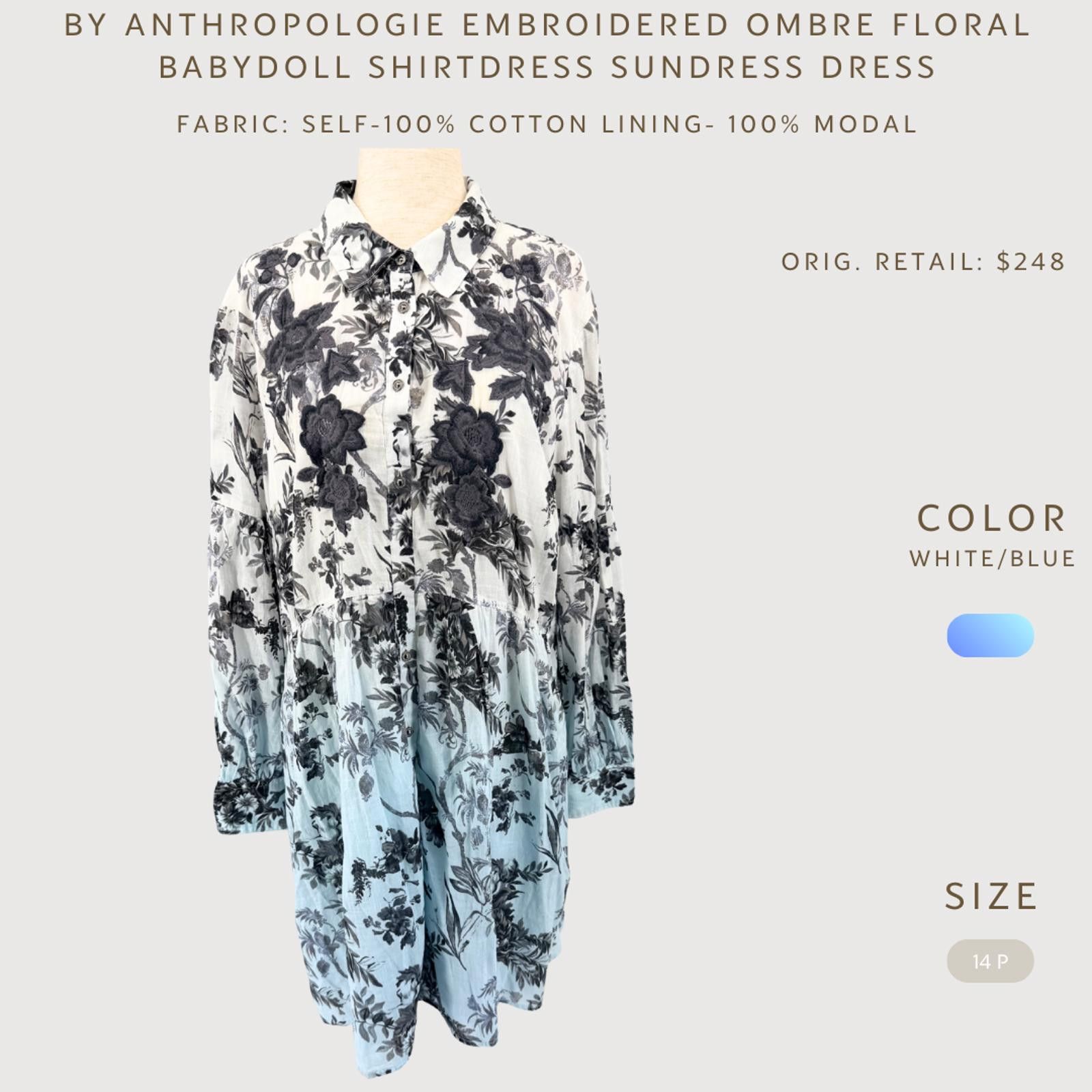 Other Anthro Floral Ombré Babydoll Shirt Dress Blue White 14P Size XL / US 12-14 / IT 48-50 - 2 Thumbnail