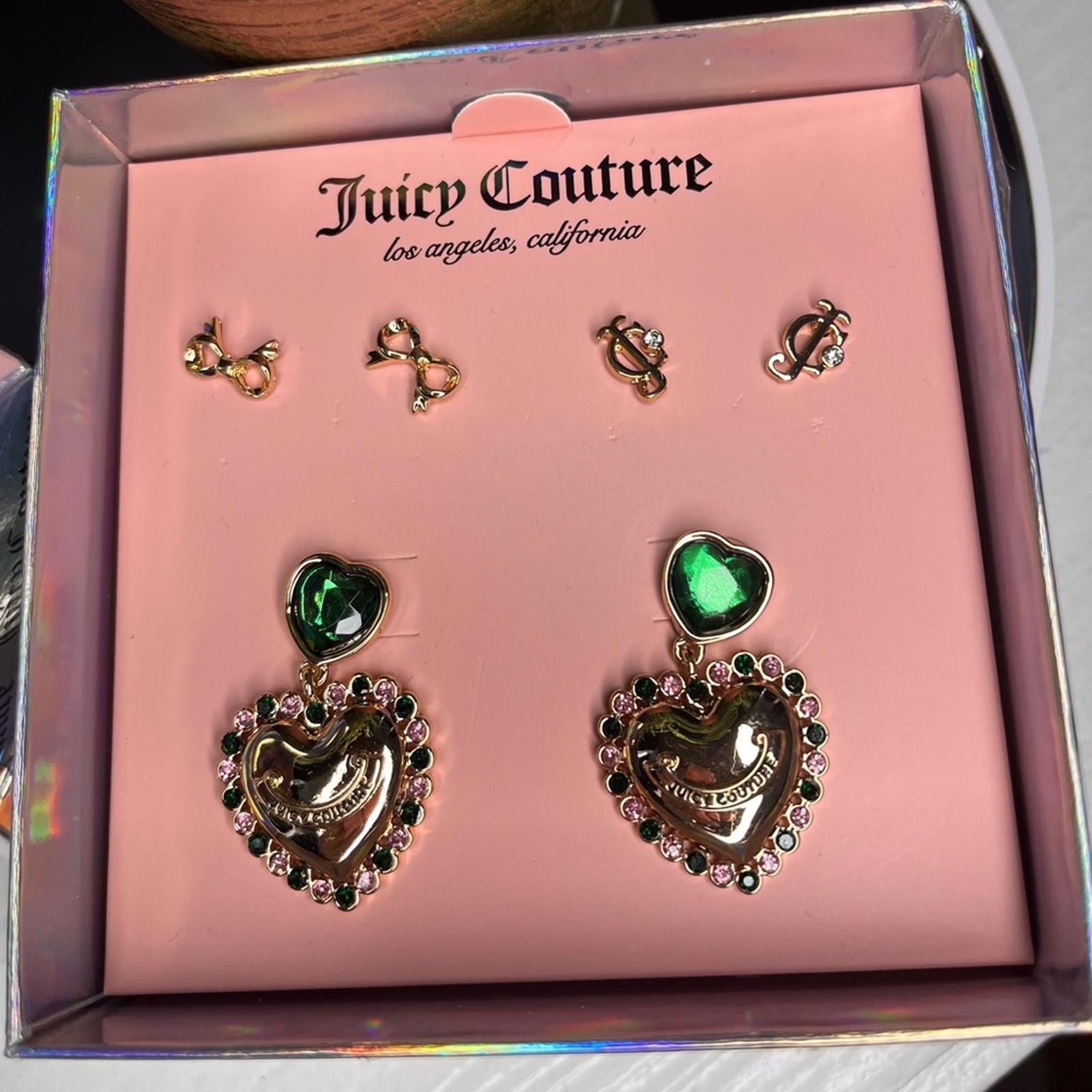 Juicy Couture Jeans Juicy Couture Crystal Bow Heart Stud Earrings Emerald Pink Size ONE SIZE - 3 Thumbnail