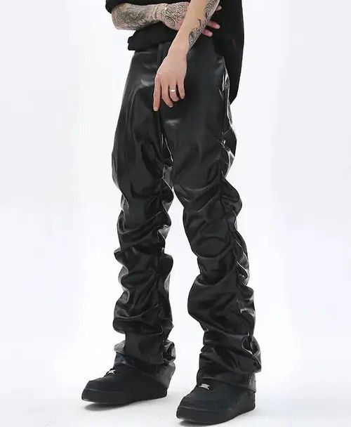 Jean Loose Ruched Casual Pu Leather Pants Streetwear Punk Rock Size US 32 / EU 48 - 2 Thumbnail