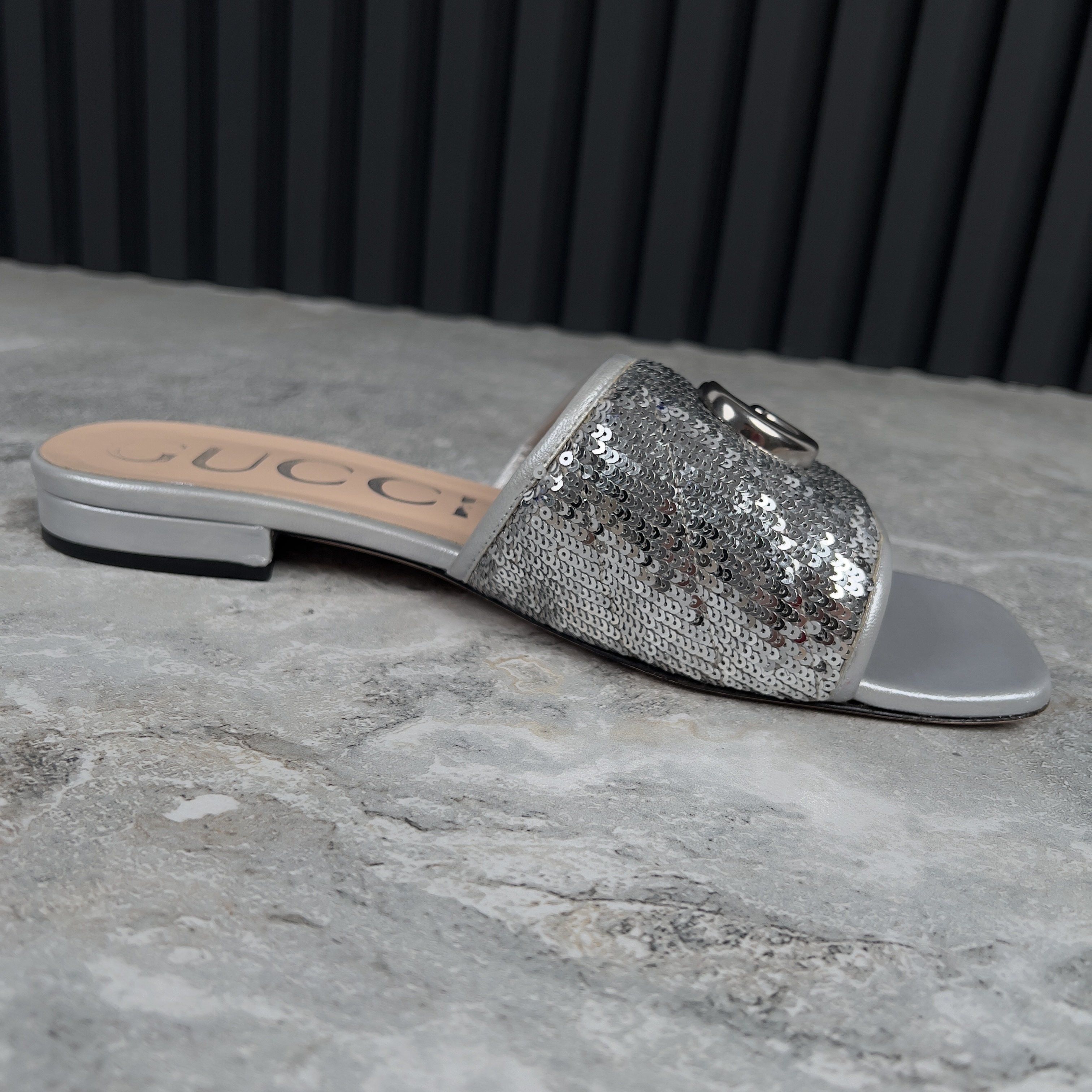 Gucci Marmont GG Slide Sandals Mule Silver Leather Sequin Size US 9 / IT 39 - 7 Thumbnail