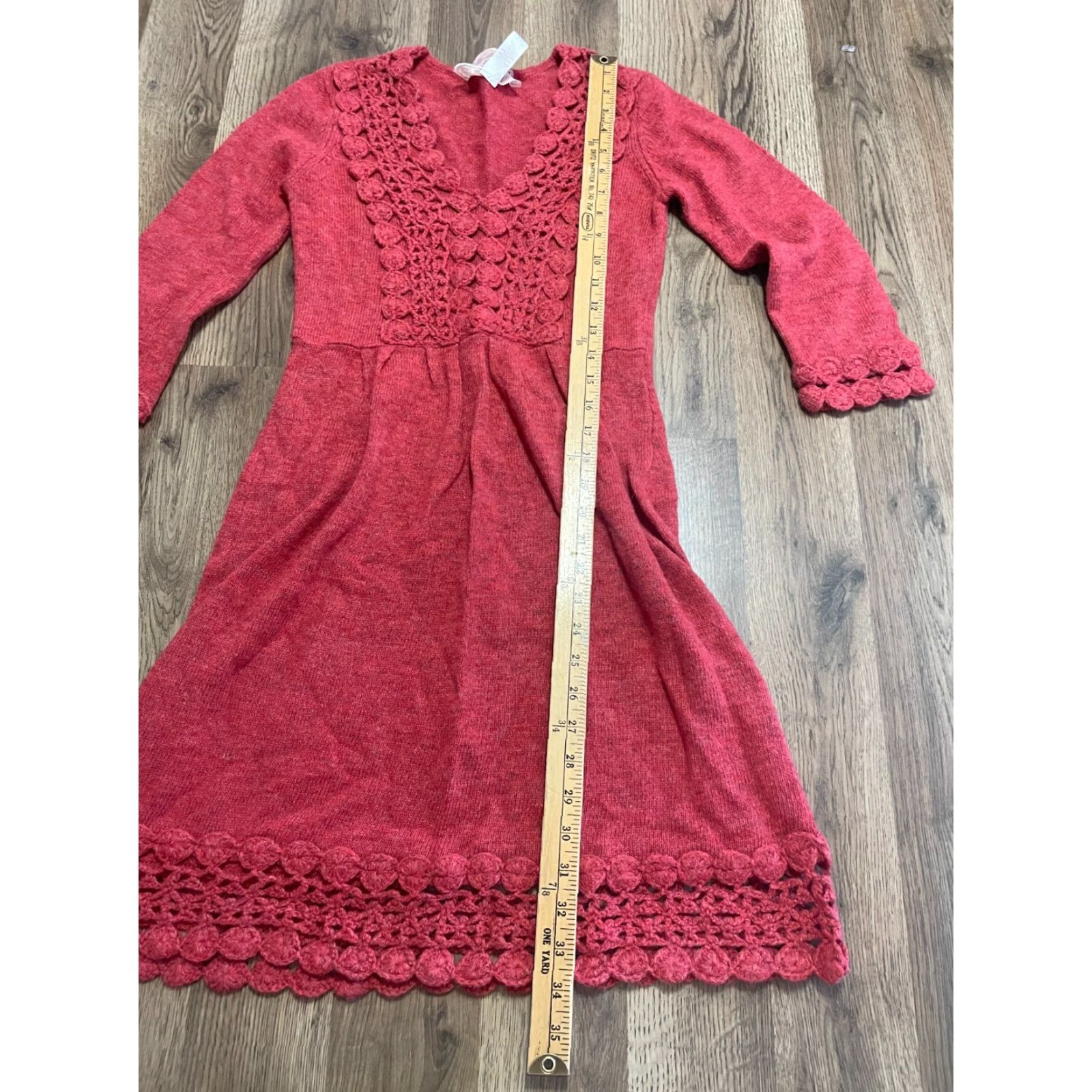 Vintage Nick & Me Dress Women's Size Small Red V-Neck Long Sleeve Crochet Dress Size S / US 4 / IT 40 - 6 Thumbnail
