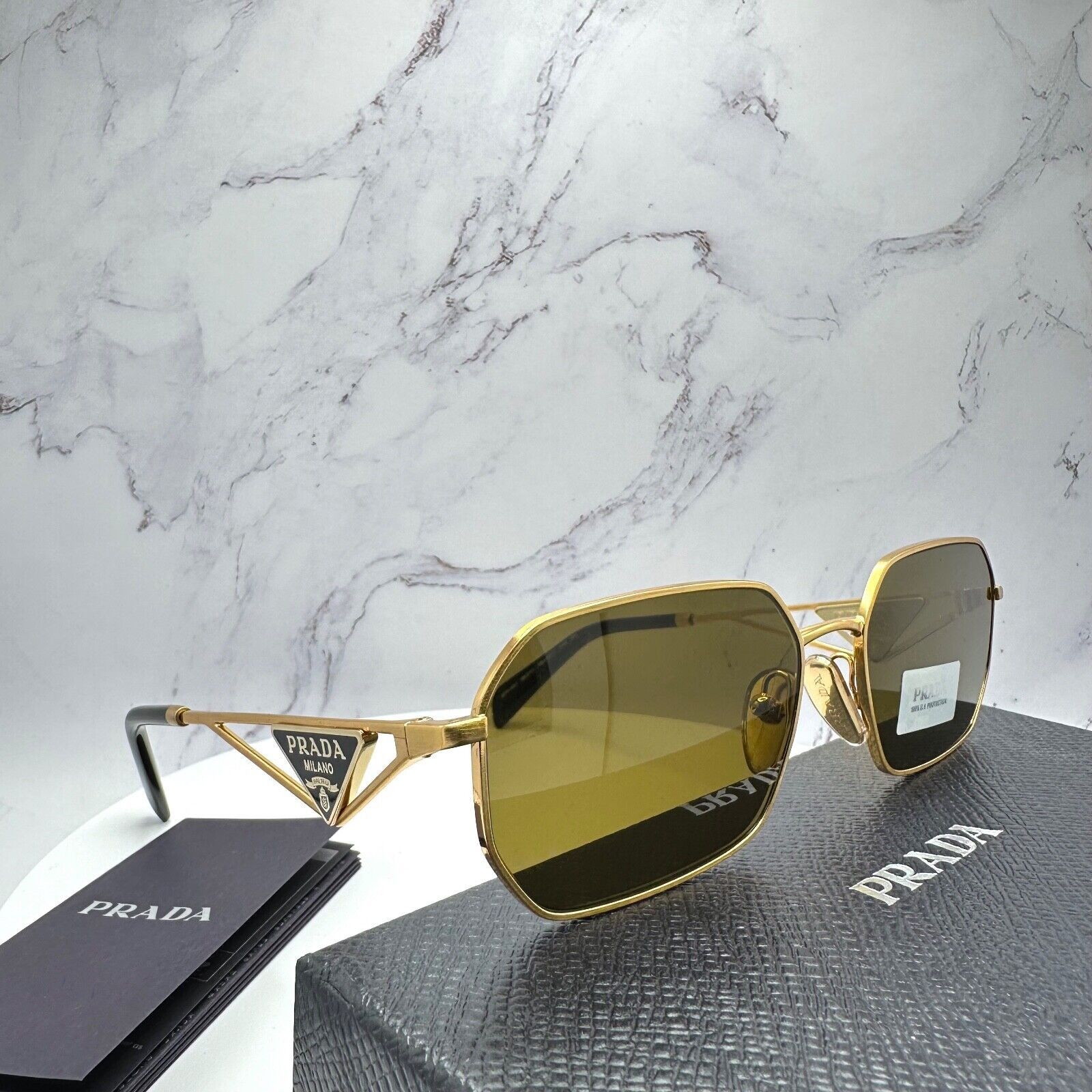 New Prada Sunglasses Gold Metal Black Plaque Triangle Logo
