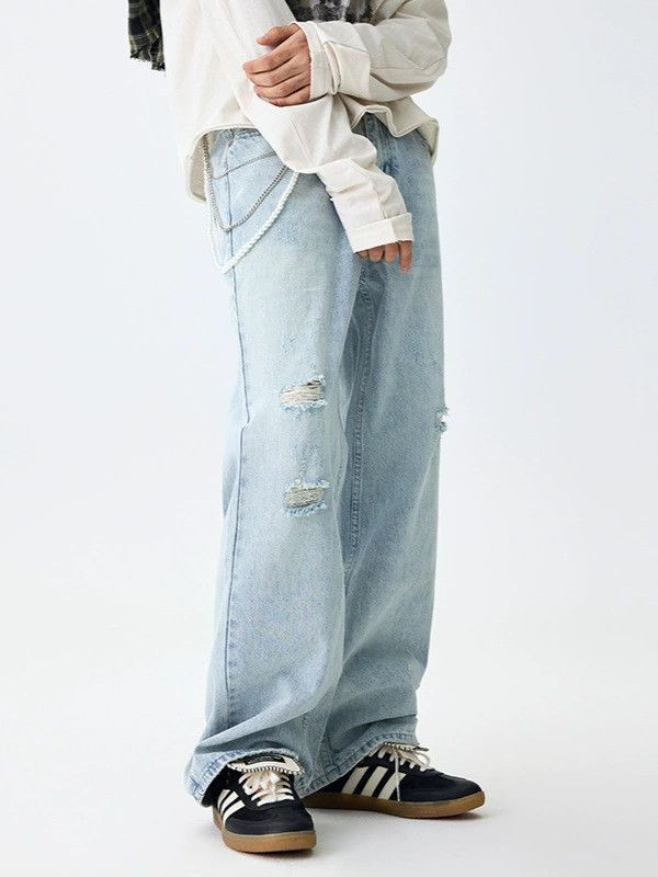 Jean Light blue washed men's ripped jeans loose straight jeans Size US 32 / EU 48 - 3 Thumbnail