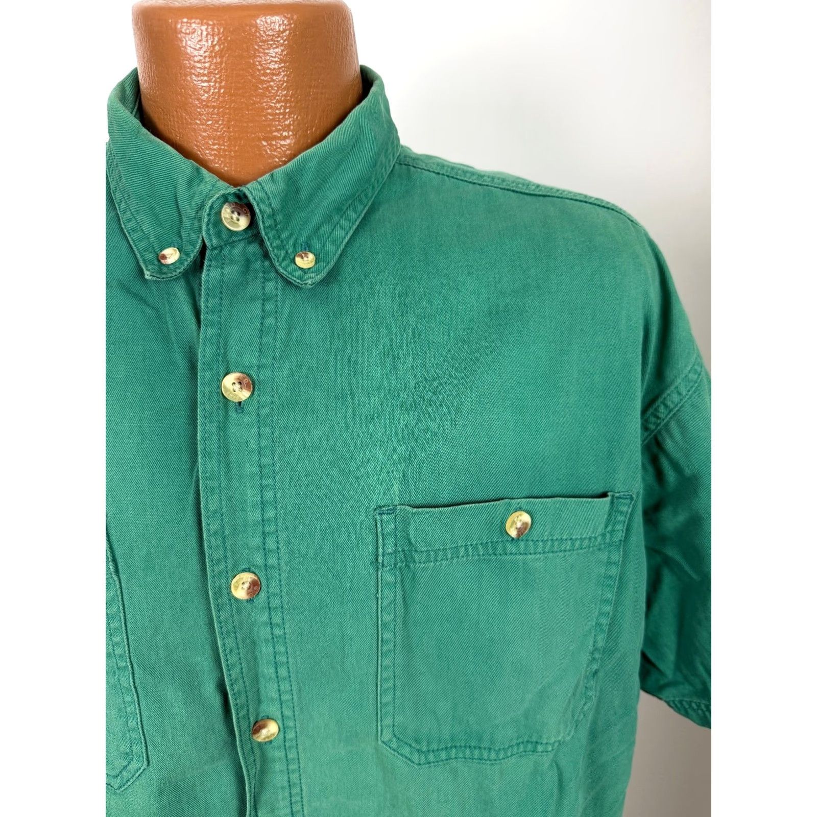 Faded Glory VINTAGE 90s Faded Glory Shirt Men XL Green Cotton Twill Button-Up Short Sleeve Regular Shadowed Sturdy Midweight Pockets 90s Theme Mens Size US XL / EU 56 / 4 - 2 Thumbnail