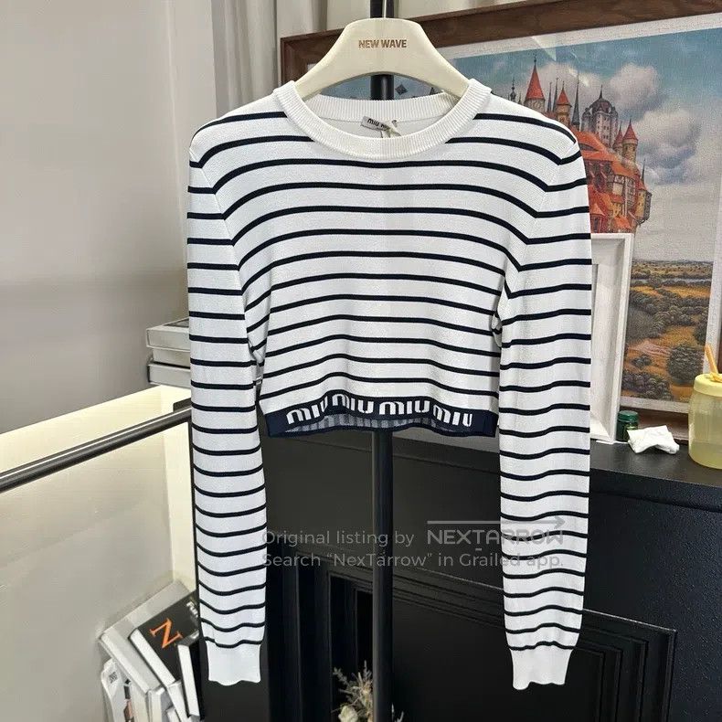 Miu Miu Miu Miu 40 Striped waist letter logo long sleeve knit top Size M / US 6-8 / IT 42-44 - 1 Thumbnail