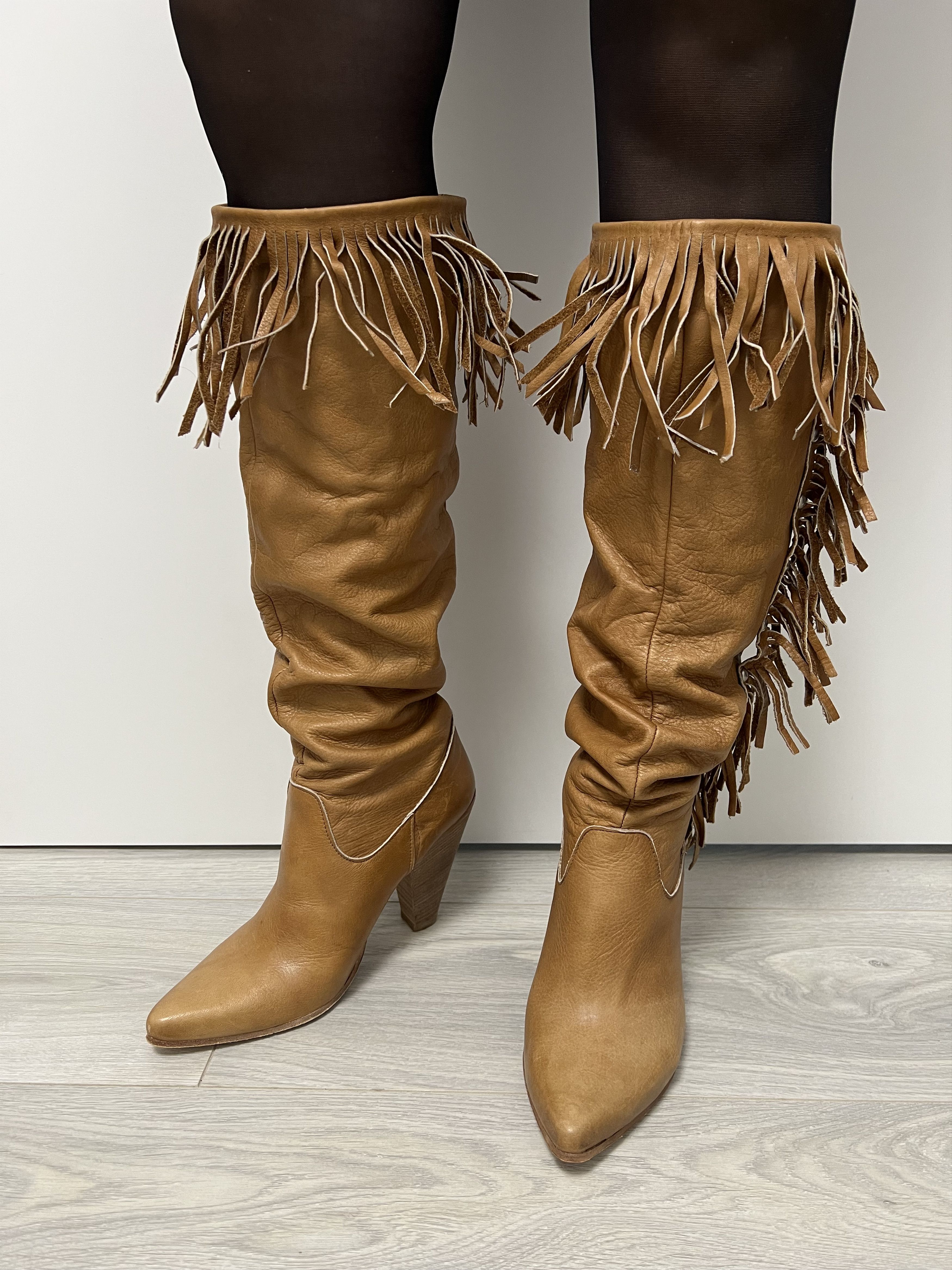 RD Copmany Brown Leather Cowboy Fringe Knee High Boots