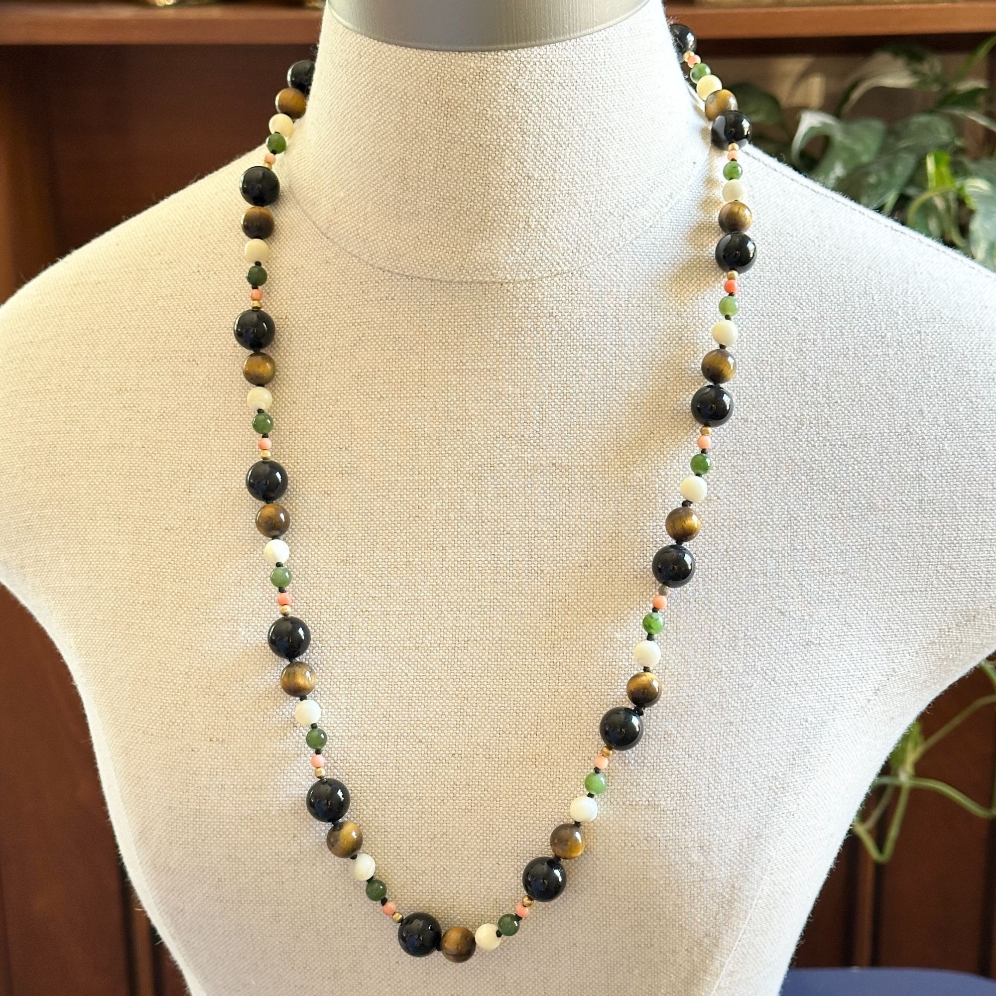 Vintage Vintage Gemstone Bead Necklace, Onyx, Tiger’s Eye, Nephrite Size ONE SIZE - 2 Thumbnail
