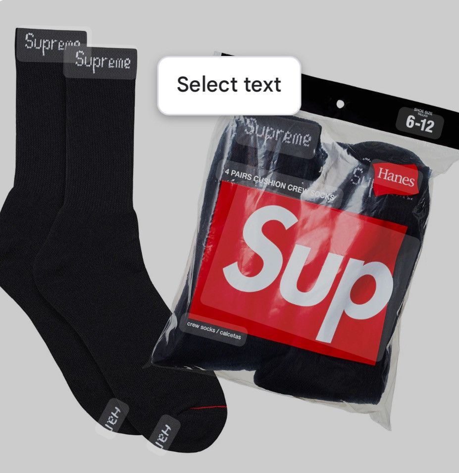 Hanes × Supreme SUPREME®/HANES® CREW SOCKS 4 PACK Black Cotton Blend Size ONE SIZE - 1 Thumbnail