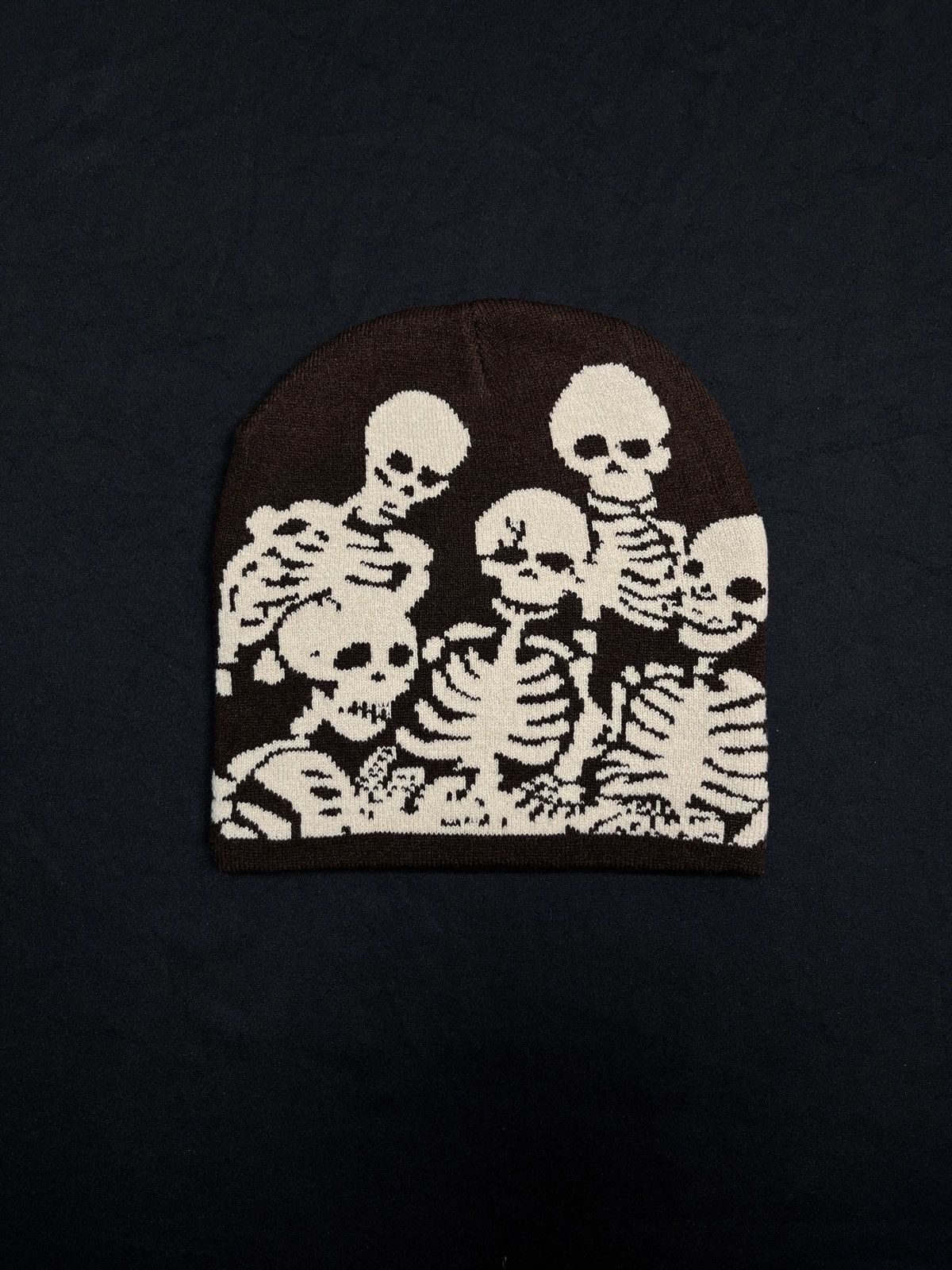 Japanese Brand Y2k Skeleton Skull Cap Graphic No Cuff Brown Beanie OS Size ONE SIZE - 1 Thumbnail
