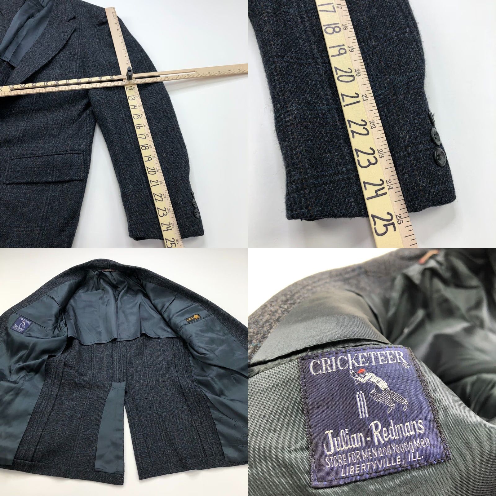 Vintage Cricketeer 42 Wool Tweed Like Plaid Two-Button Sport Coat Jacket Gray Blue Mens Size US XS / EU 42 / 0 - 8 Thumbnail