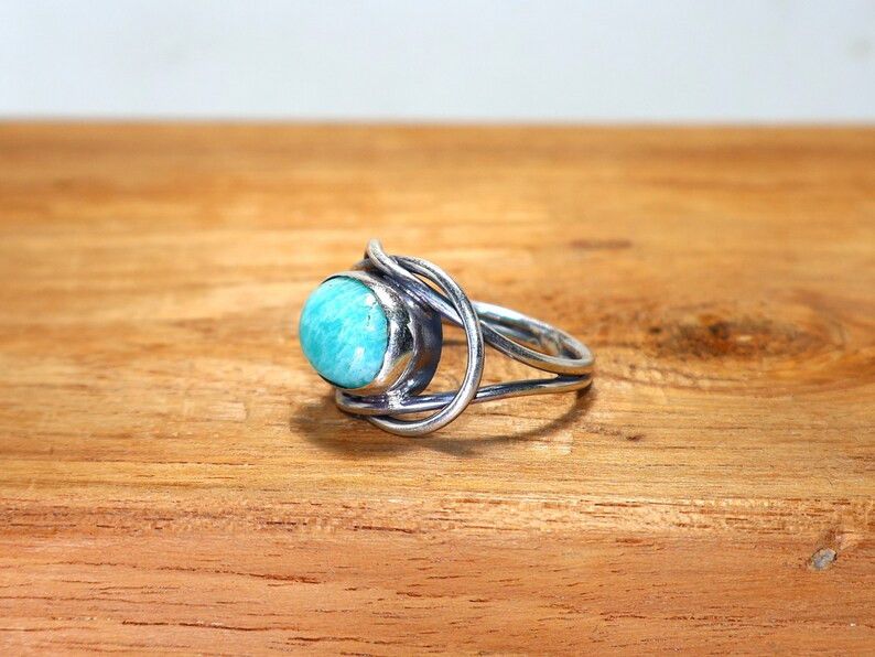 Handmade Amazonite Ring: 925 Silver Knot, Blue Gemstone Jewelry Size ONE SIZE - 3 Thumbnail