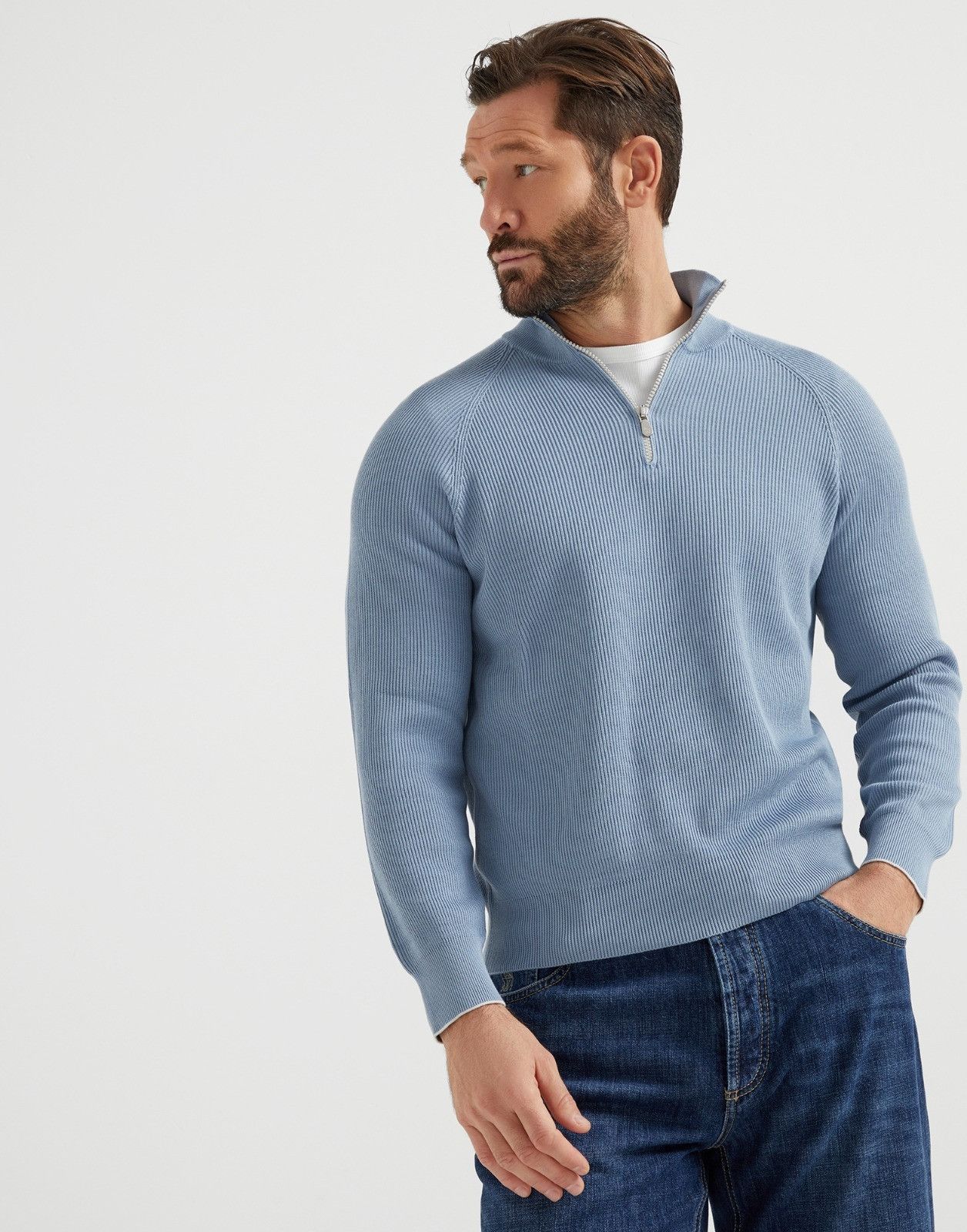 Brunello Cucinelli o1la1rc1a0326 Turtleneck Half-Zip Sweater in Blue Size US M / EU 48-50 / 2 - 1 Thumbnail
