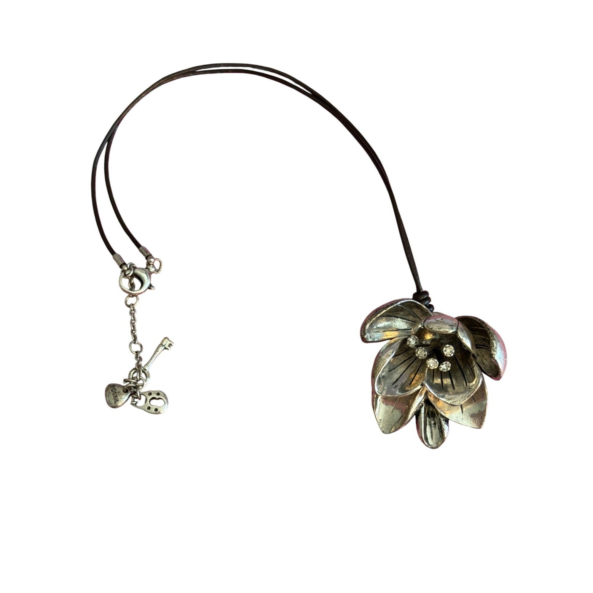 Fossil Fossil Silver Tone Flower Pendant Necklace Clear Rhinestones Size ONE SIZE - 3 Thumbnail