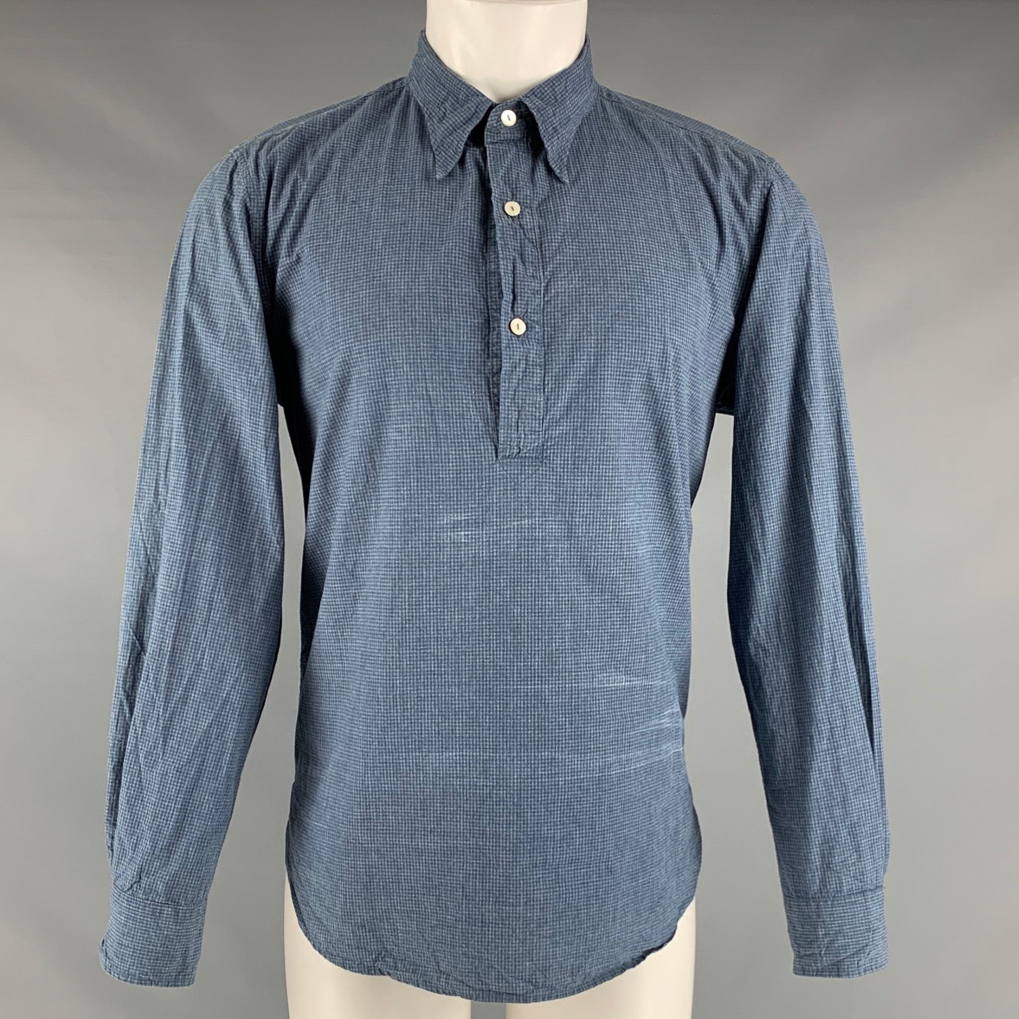 image of Arpenteur Blue Grey Checkered Cotton Pull On Long Sleeve Shirt, Men's (Size Medium)