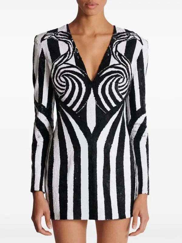 Balmain o1s1wg110725 Embroidered Stripe Short Dress in Black/White Size L / US 10 / IT 46 - 4 Thumbnail