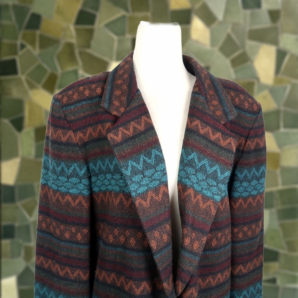Casablanca VINTAGE Casablanca Blazer Jacket Geometric Wool 10 Womens Brown Blue Pattern 80s 90s Bohemian Fall Winter Button Closure Size L / US 10 / IT 46 - 1 Thumbnail