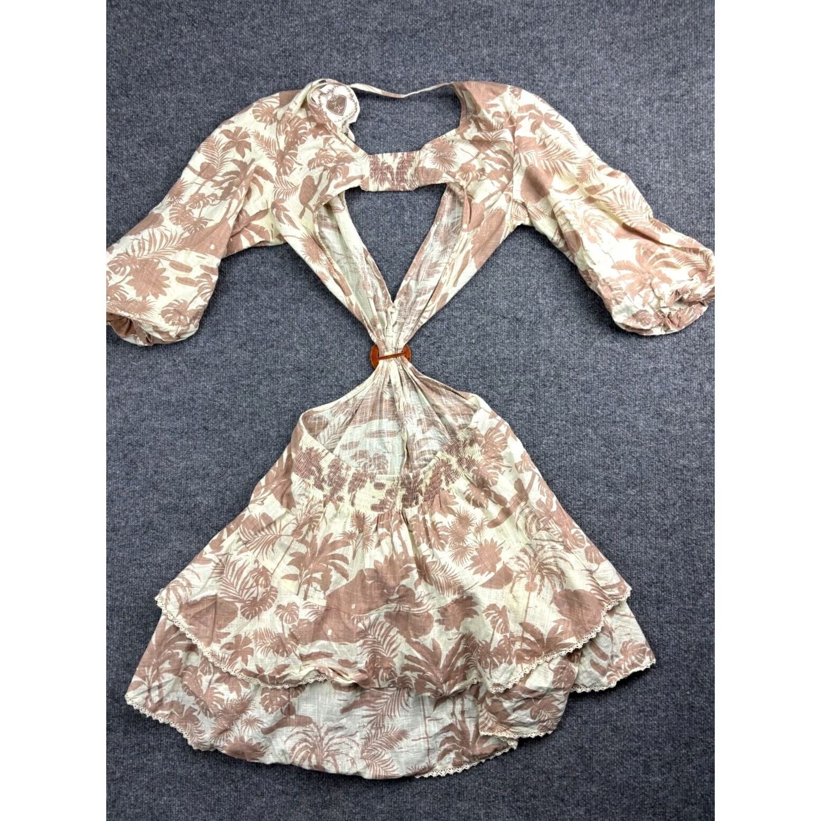 Vintage Z&L Europe Dress Women's Large Beige Floral Cut Out Flowy Boho 3/4 Sleeve Size L / US 10 / IT 46 - 6 Thumbnail