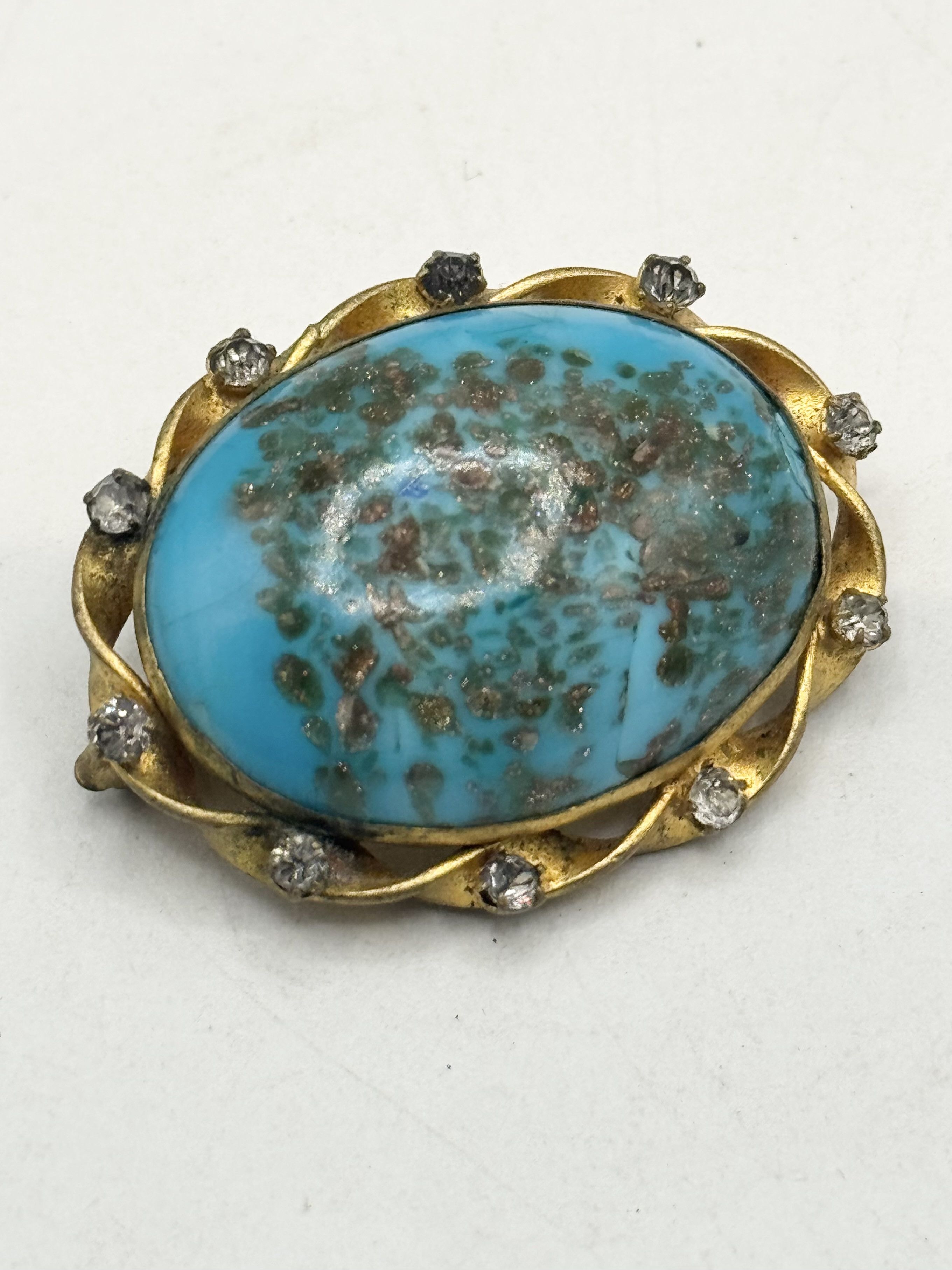 Vintage Antique blue art glass rhinestone brooch pin Size ONE SIZE - 2 Thumbnail