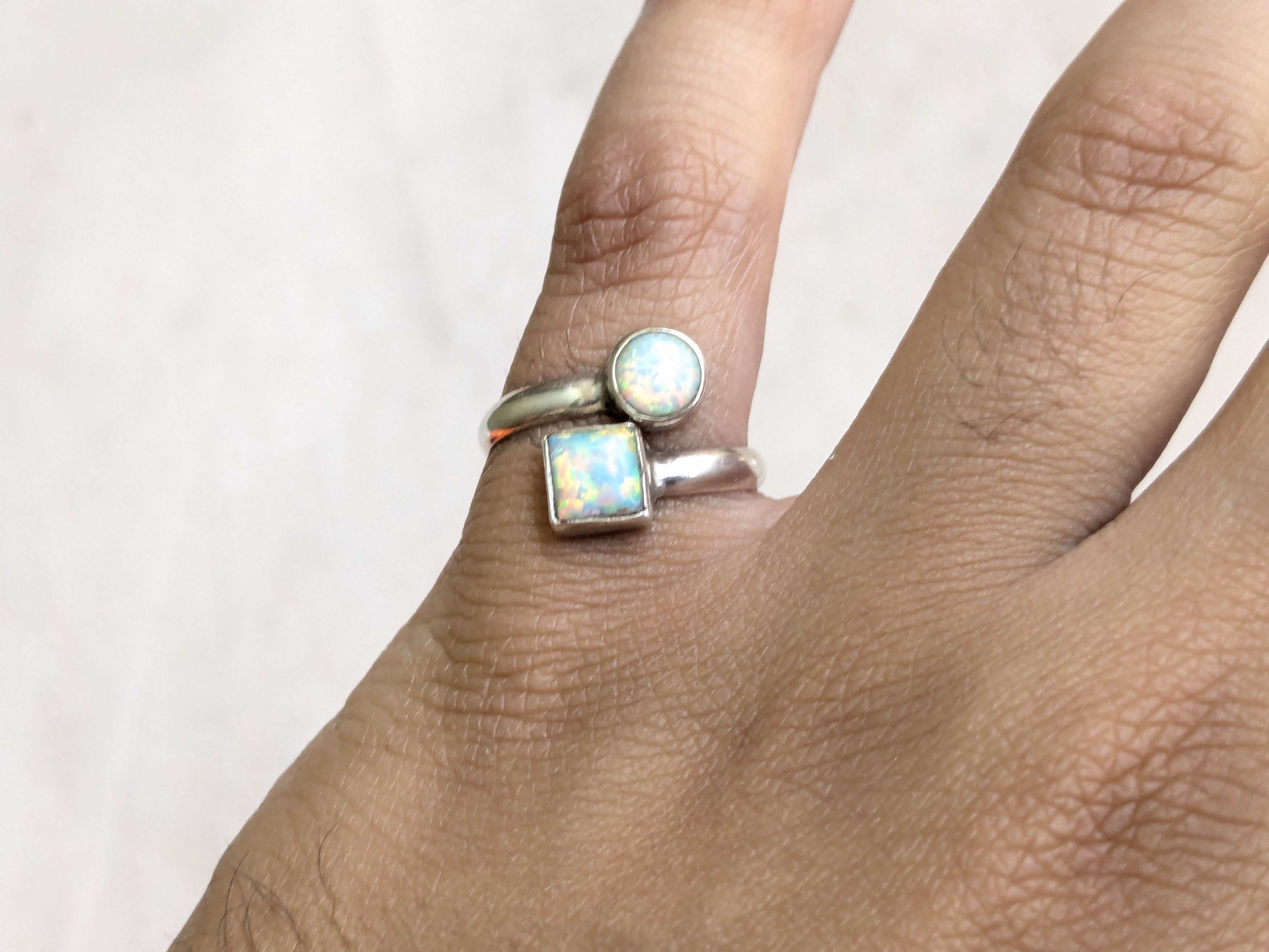 Jewelry × Vintage Sterling Silver Ring Opals Adjustable Round Modern Size ONE SIZE - 11 Thumbnail