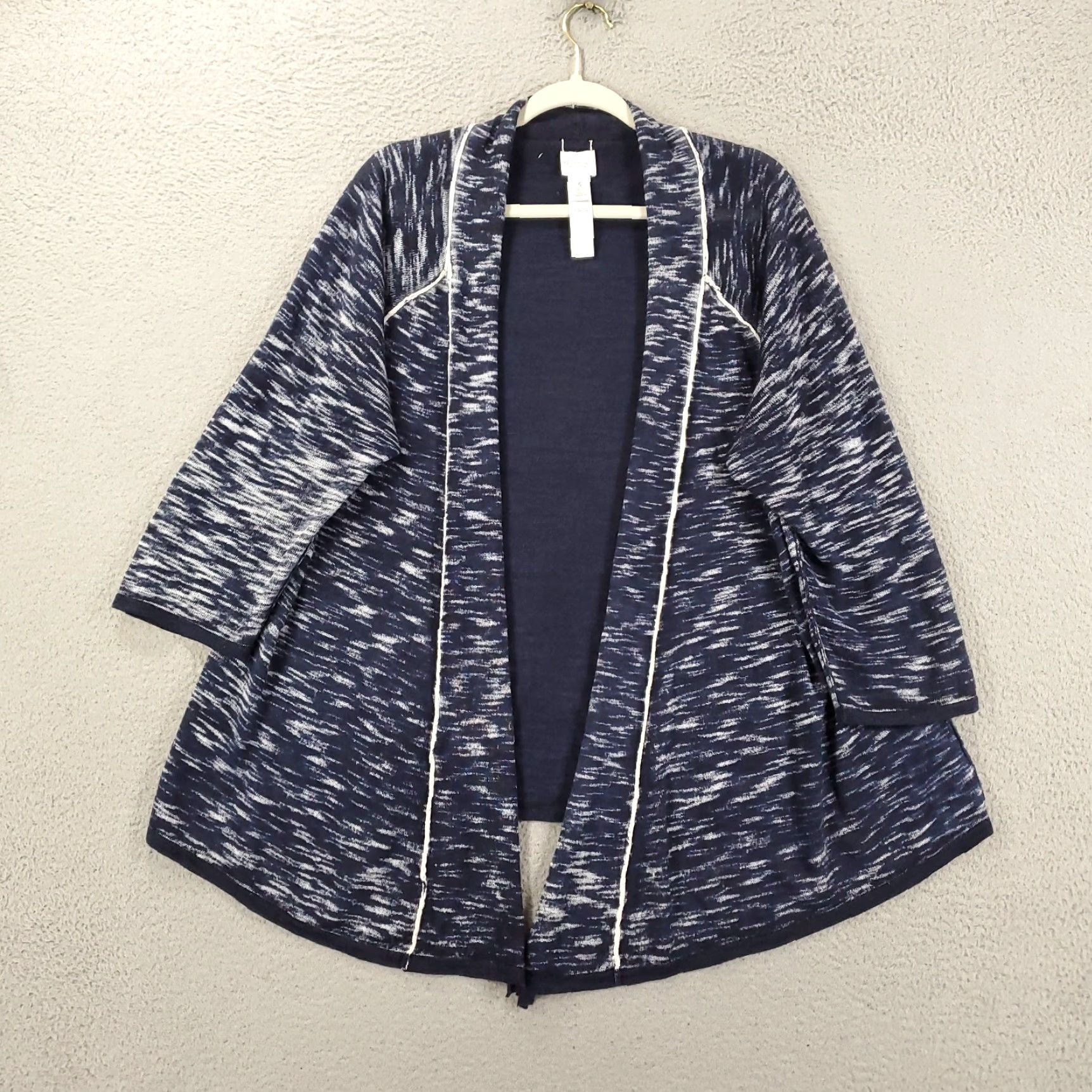 Vintage Chico's Womens Cardigan Sweater XL Blue White Heathered Geometric Knit Open Front Casual Fall Winter Size XL / US 12-14 / IT 48-50 - 2 Thumbnail