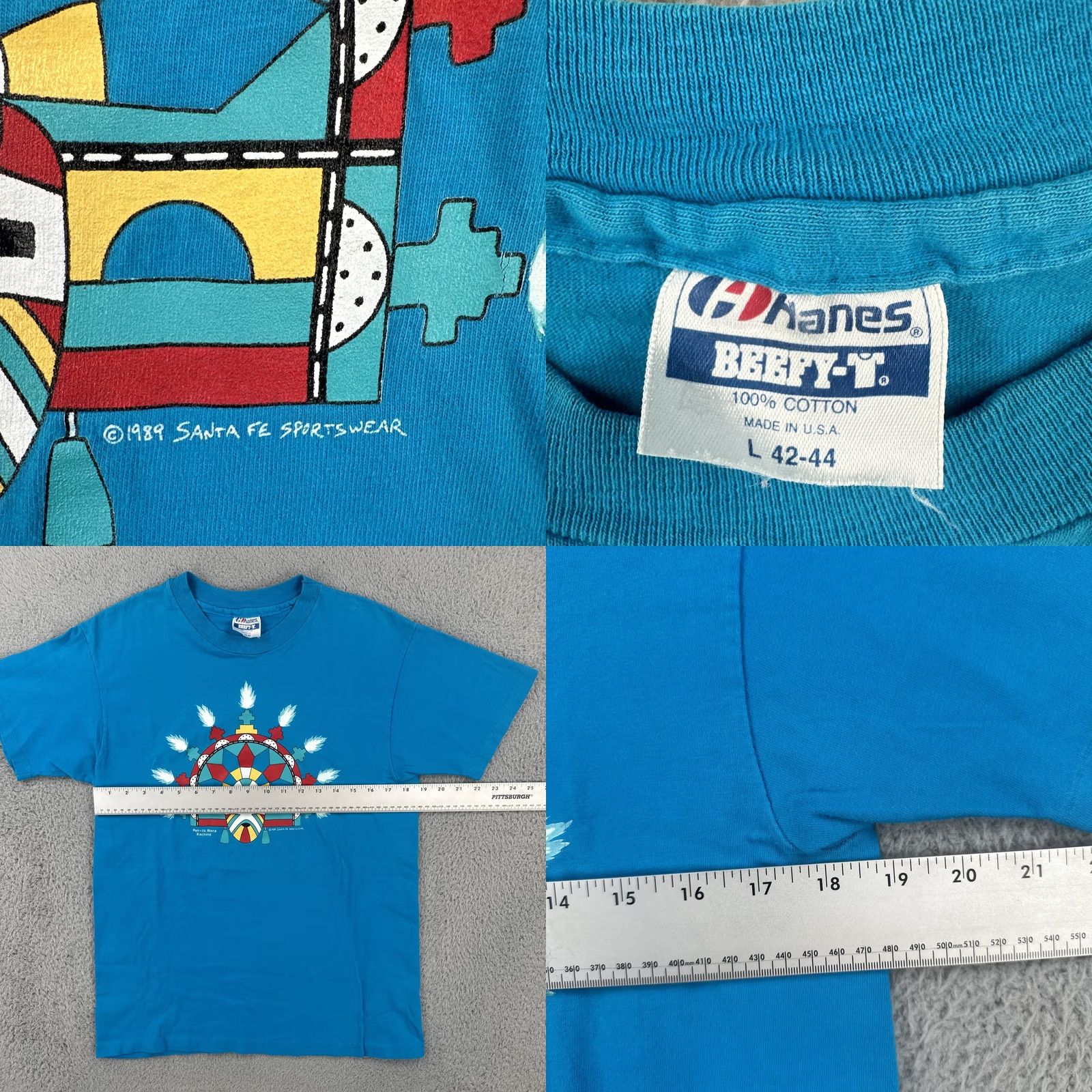 Hanes VINTAGE Hanes Beefy-T Shirt Blue 80s USA Pah-lik Mana Kachina Medium Men Short Sleeve Crew Neck Cotton Knit Size US M / EU 48-50 / 2 - 8 Thumbnail