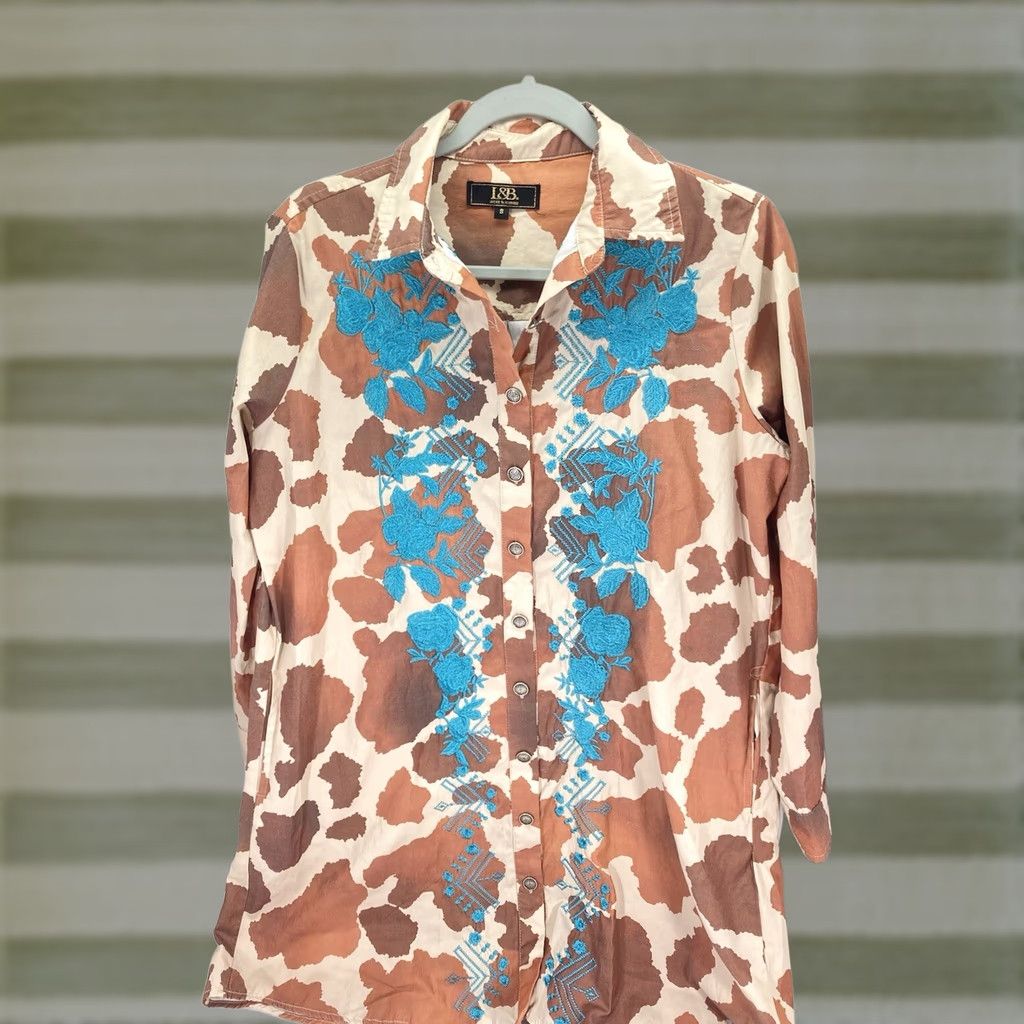 Lucky Brand Lucky Brand Tunic Shirt Women Small Brown Giraffe Print Button Long Sleeve Western Size S / US 4 / IT 40 - 1 Thumbnail