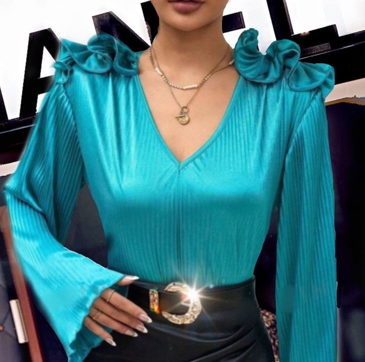 Designer × Other Nwt, Lavishly Paris Teal Long Sleeved Women’s Blouse. Size M / US 6-8 / IT 42-44 - 3 Thumbnail