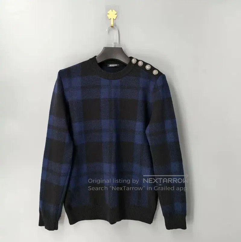 Balmain Balmain Black Wool Sweater with Blue Plaid Design . Size US M / EU 48-50 / 2 - 1 Thumbnail