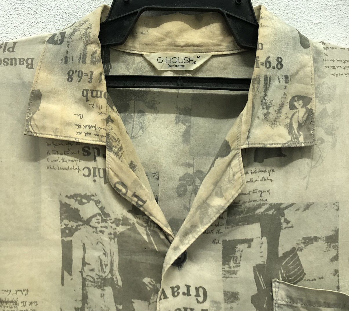 Japanese Brand × Vintage Vintage G-HOUSE "Pour Homme" Newspaper Print Shirt – Size M Size US M / EU 48-50 / 2 - 3 Thumbnail