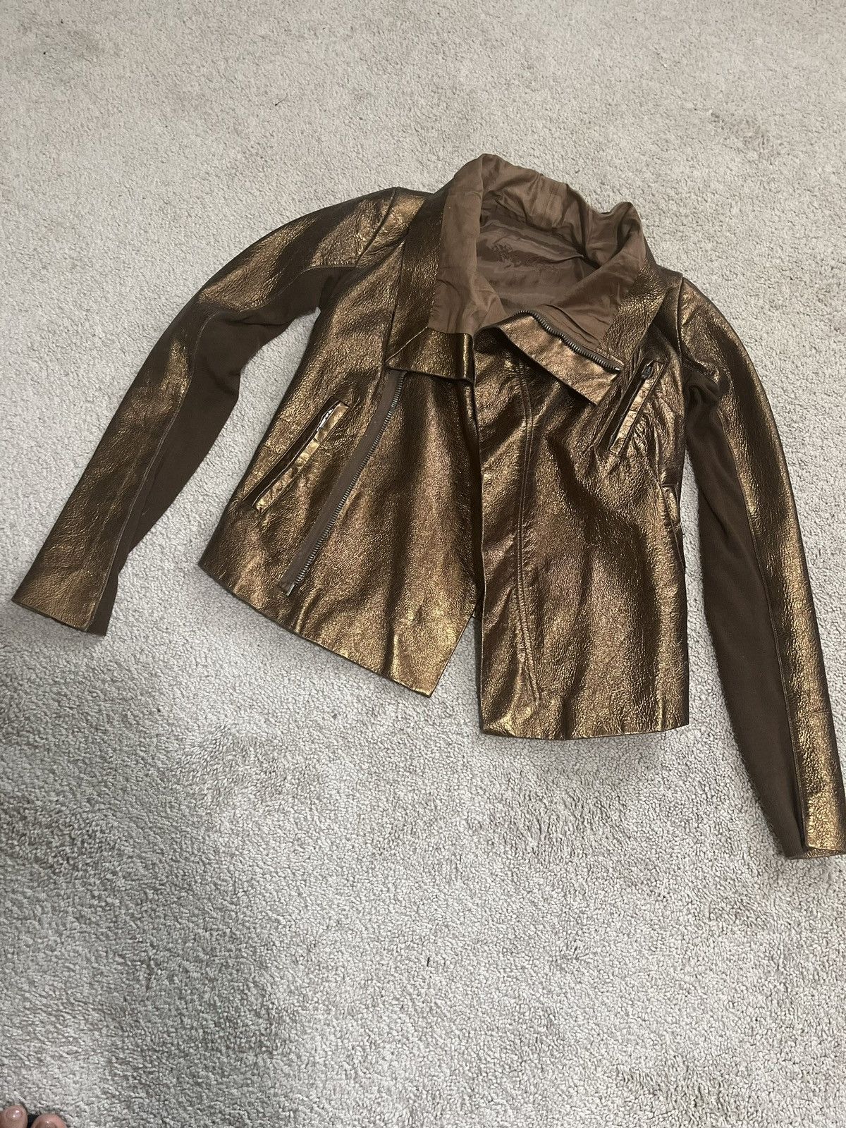 Image of Rick Owens Metallic Bronze Leather Jacket in Brown, Women's (Size XS)