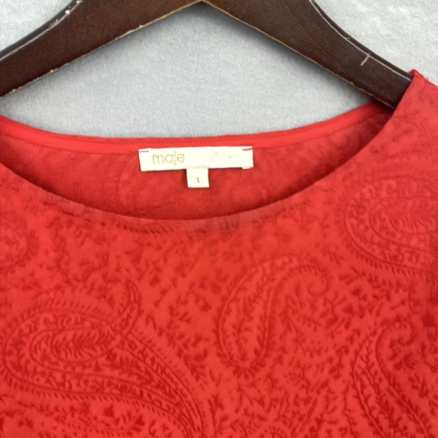Maje Maje Ruffled Mini Dress Small Red Long Sleeve Round Neck Satin Casual Party Womens Size S / US 4 / IT 40 - 5 Thumbnail