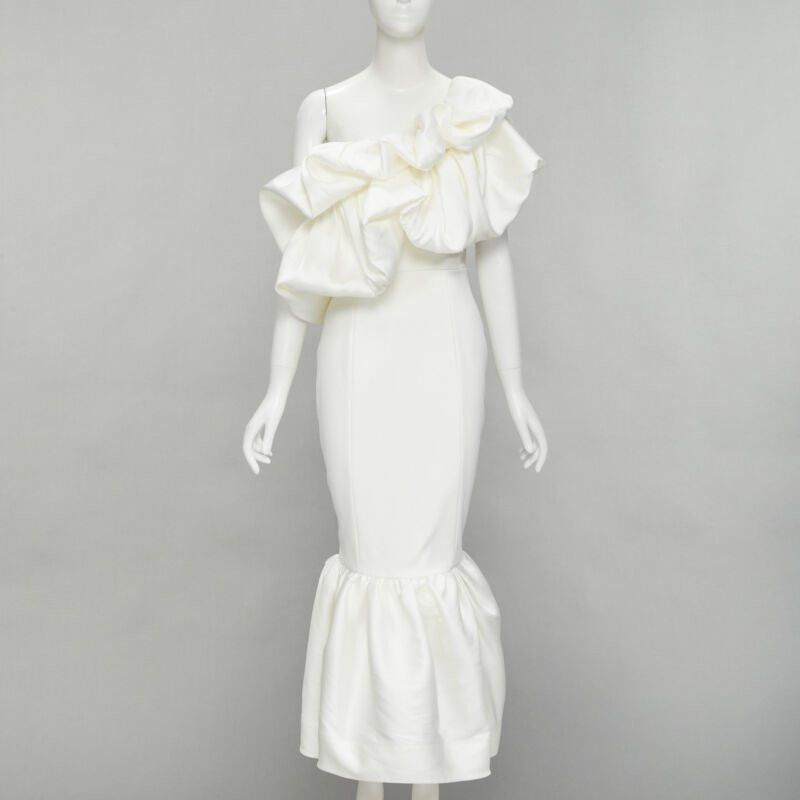 Solace London SOLACE Tove Midi white polyester ruffle cascade shoulder flounce dress UK12 M Size M / US 6-8 / IT 42-44 - 1 Thumbnail