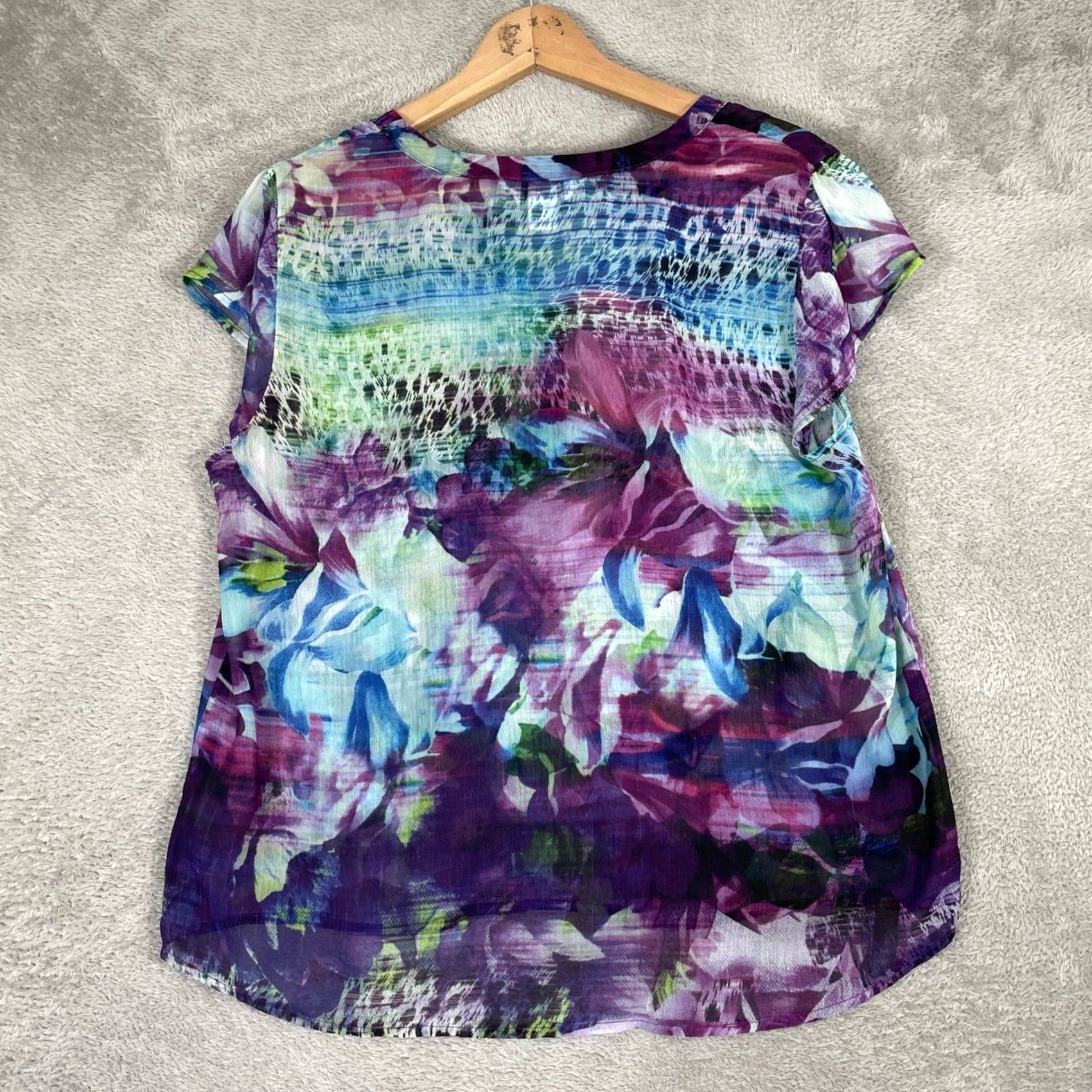 Vintage Christopher & Banks Blouse Womens Large Purple Floral Sheer Cap Sleeve Boho Size L / US 10 / IT 46 - 4 Thumbnail