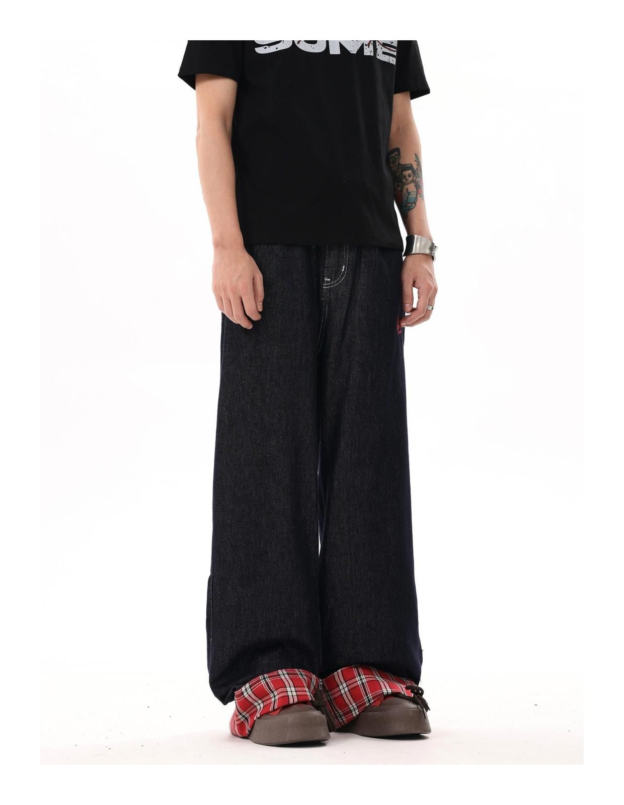Japanese Brand Baggy Plaid Patchwork Wide Leg Denim Jeans Size US 32 / EU 48 - 3 Thumbnail