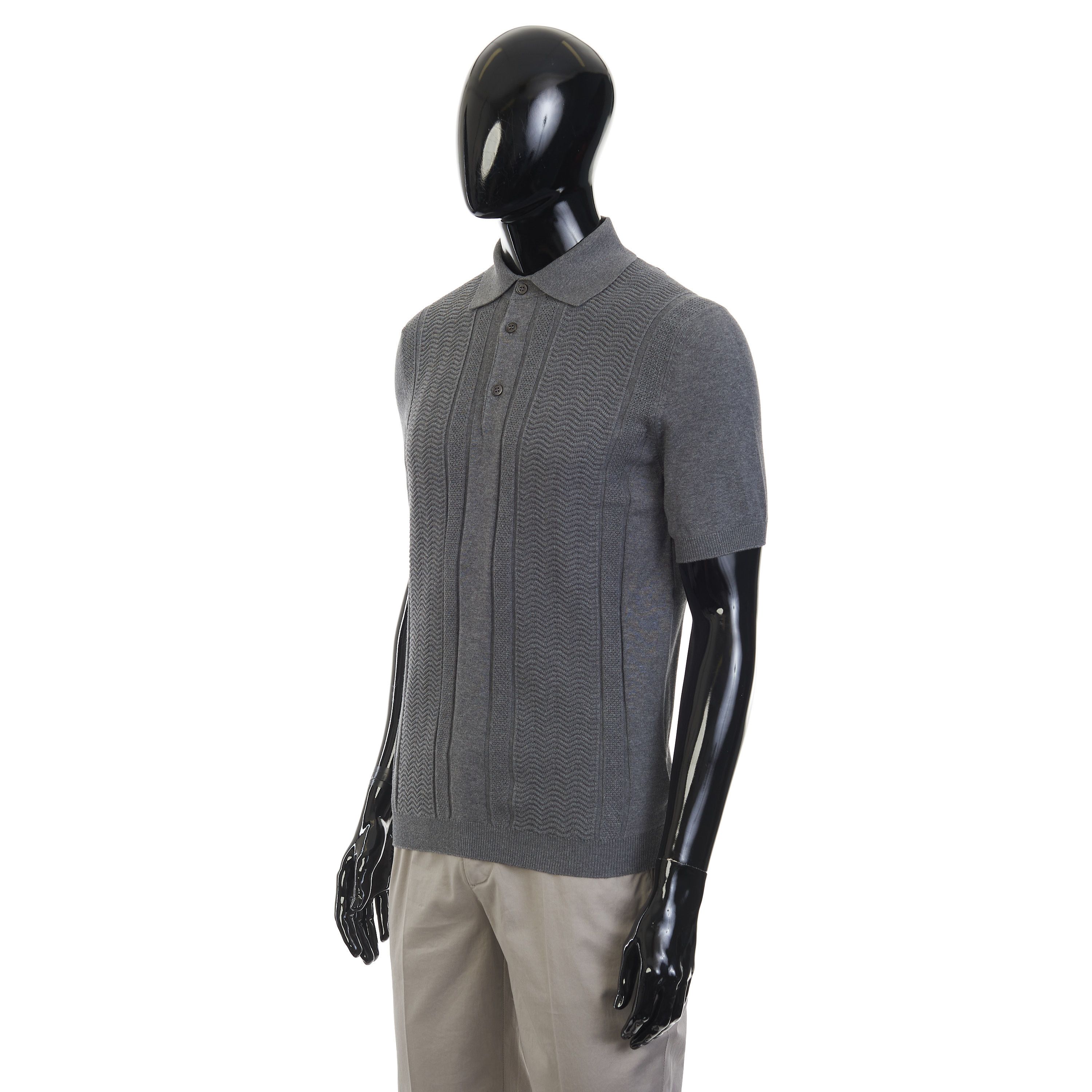 Brunello Cucinelli Gray Cotton Knit Polo With Jacquard Stripes Size US L / EU 52-54 / 3 - 2 Thumbnail
